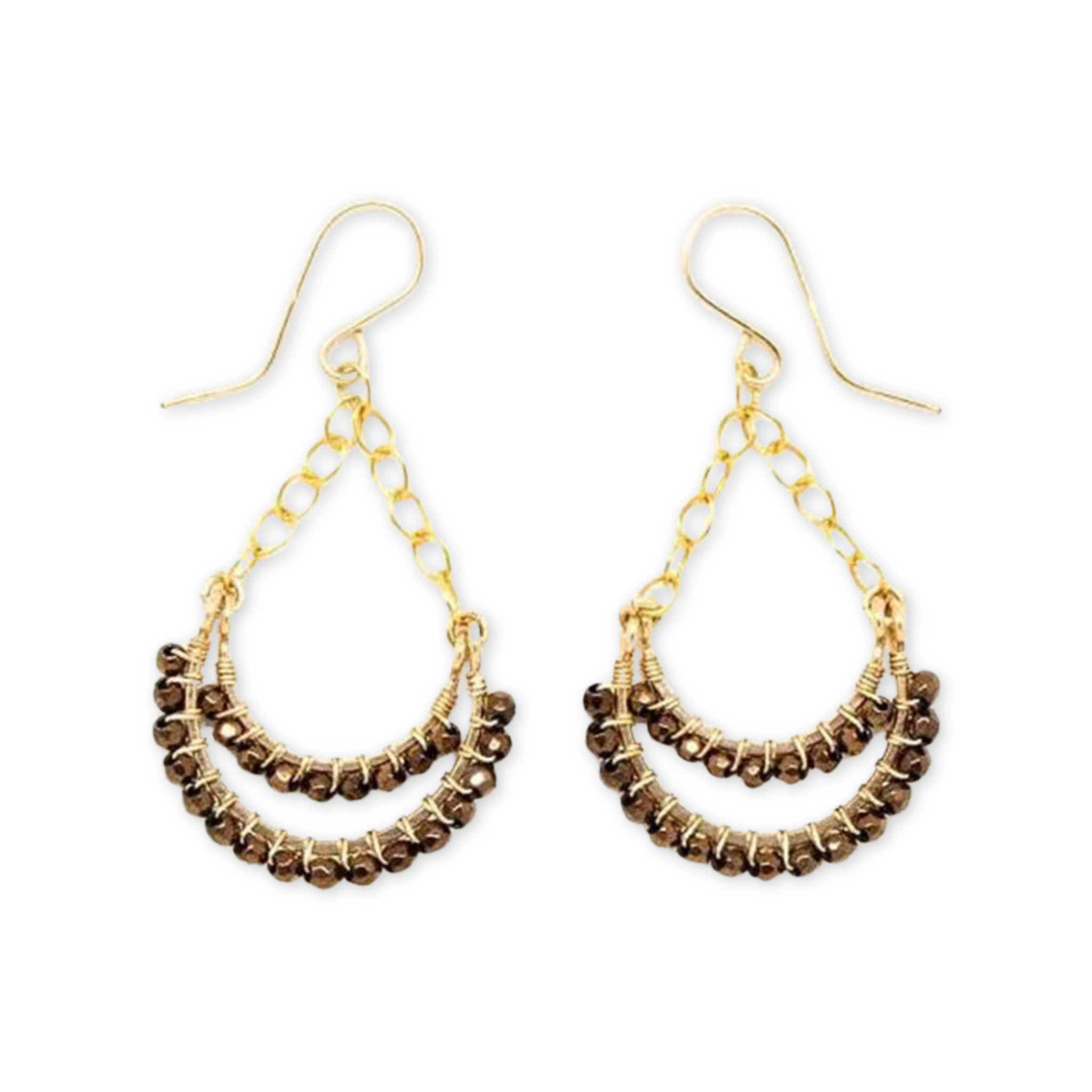 double horseshoe pendant earrings wrapped with tiny hematite stones