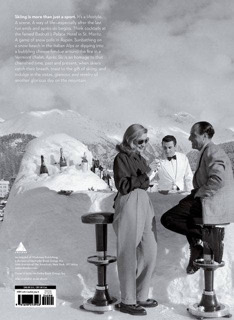 Vintage-style advertisement with people at a snowy bar counter, text about skiing and cocktails.