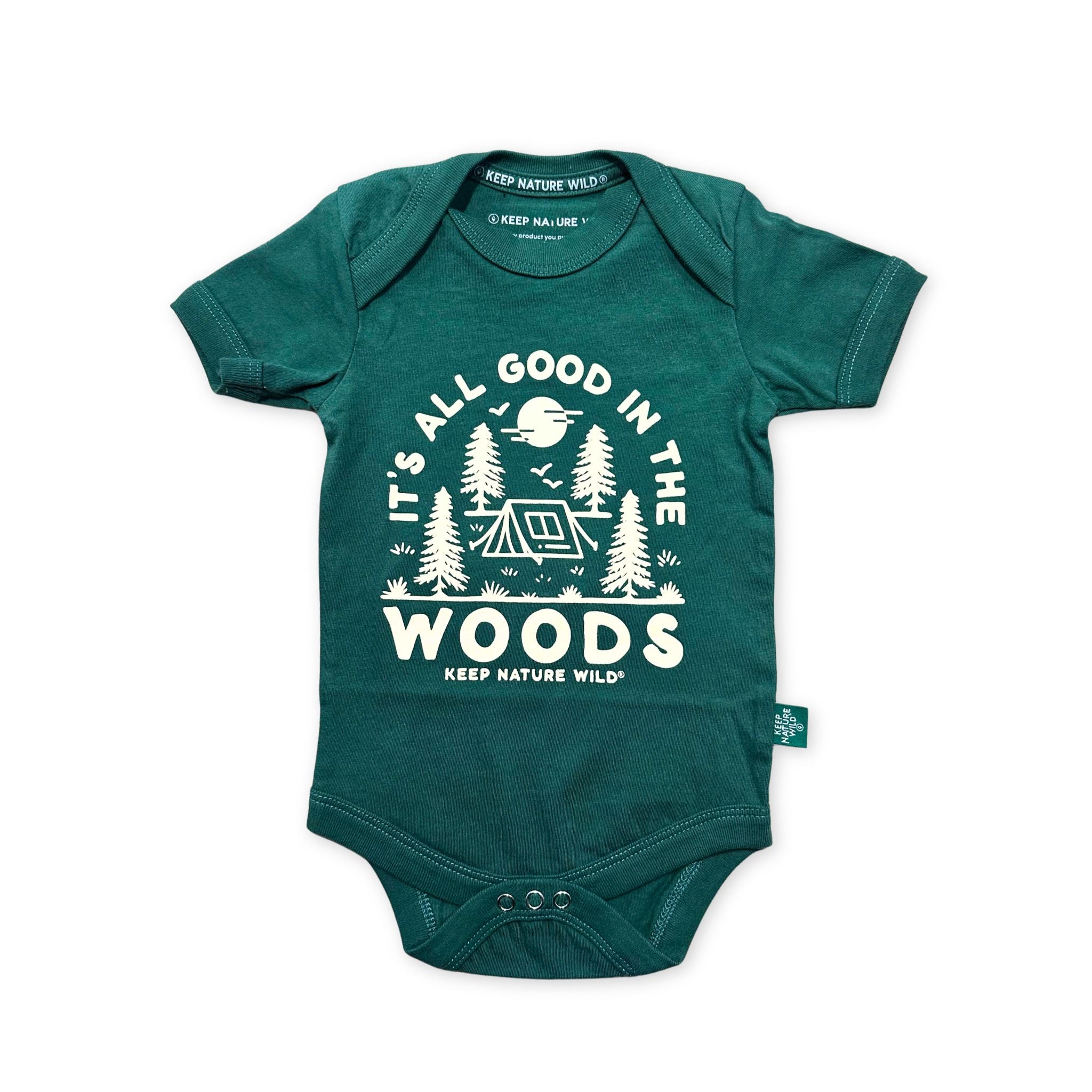 Green baby onesie with 'It's All Good in the Woods' print on a white background