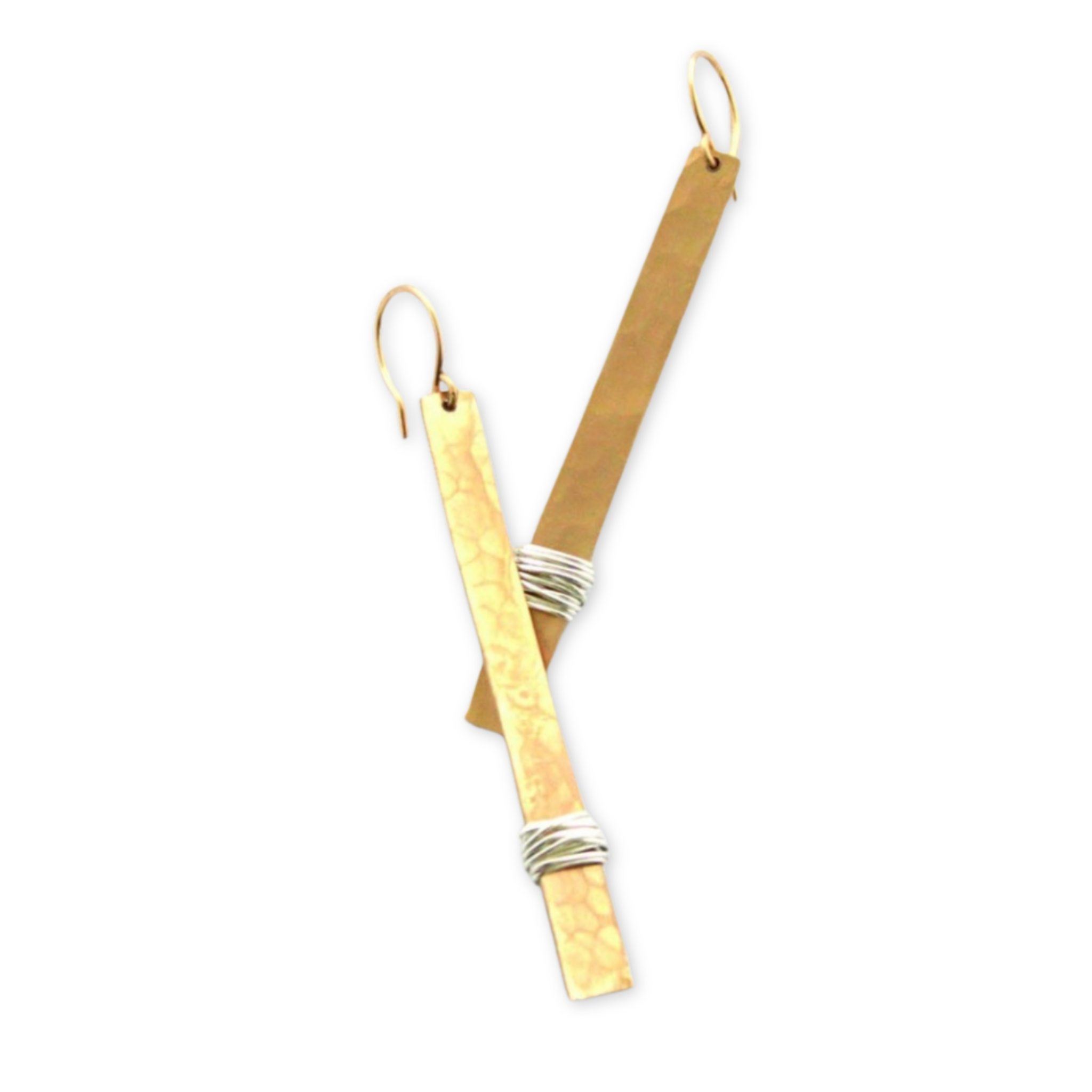 a pair of earrings with long rectangles wrapped in wire
