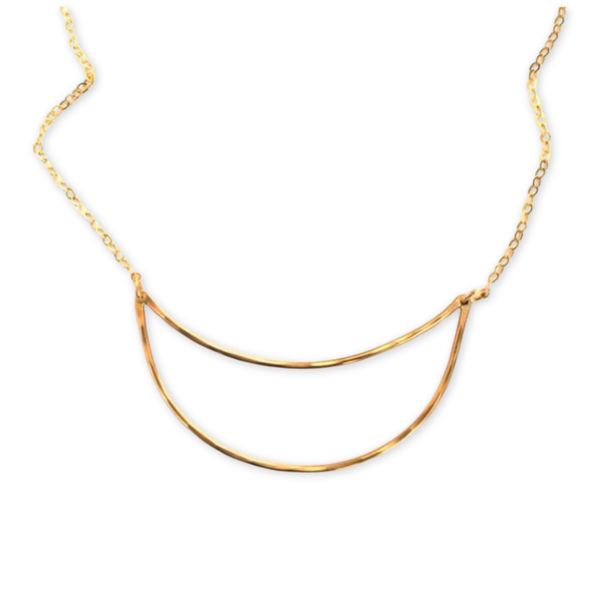 simple necklace chain with a sideways hammered open crescent shaped pendant 