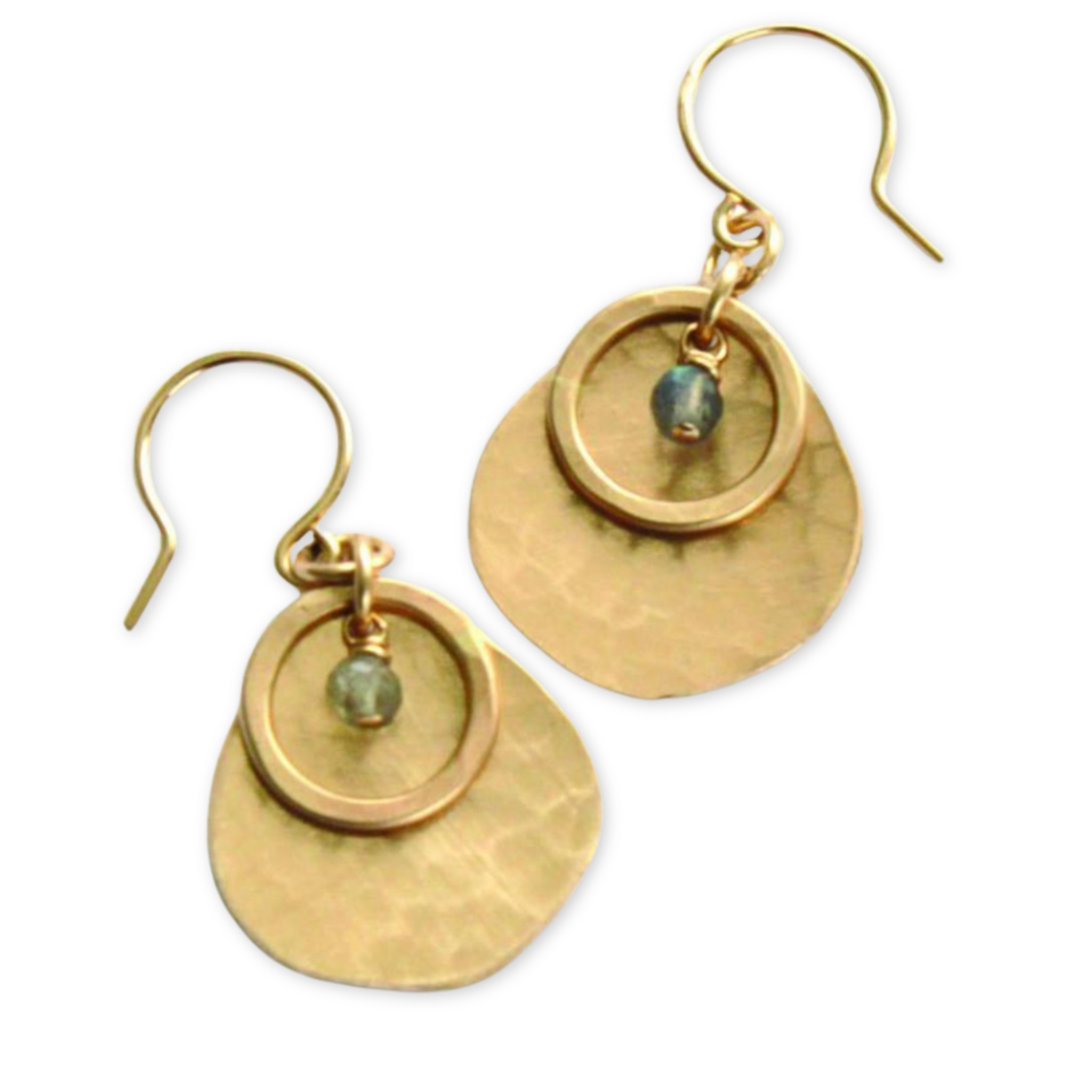 earrings with hammered discs plus circle pendants and a hanging stone