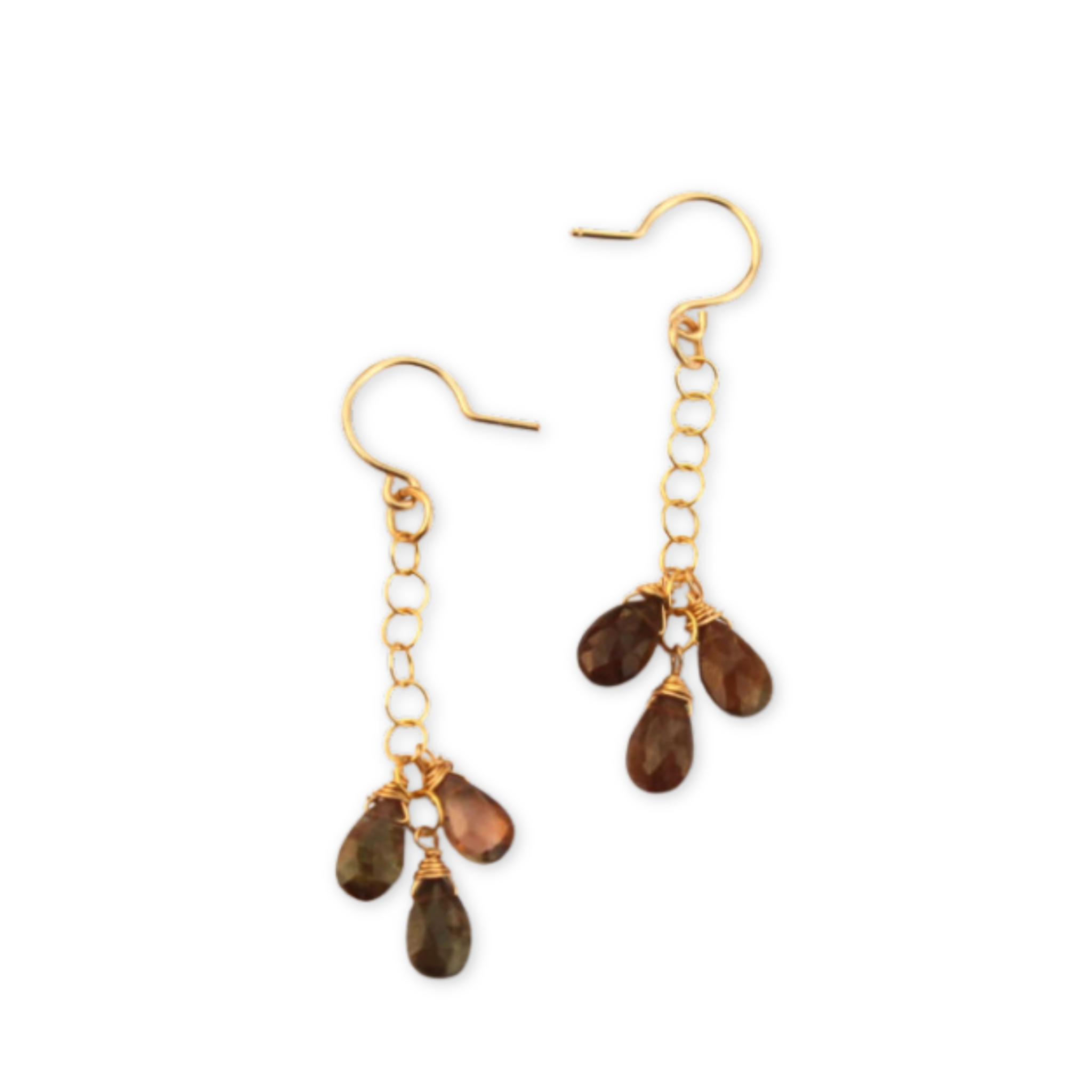 earrings made from three faceted briolettes hanging from a delicate chain