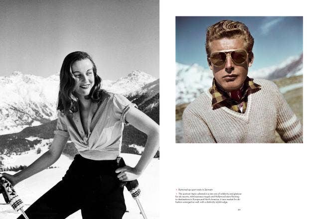 Two people in winter attire with snowy mountains in the background