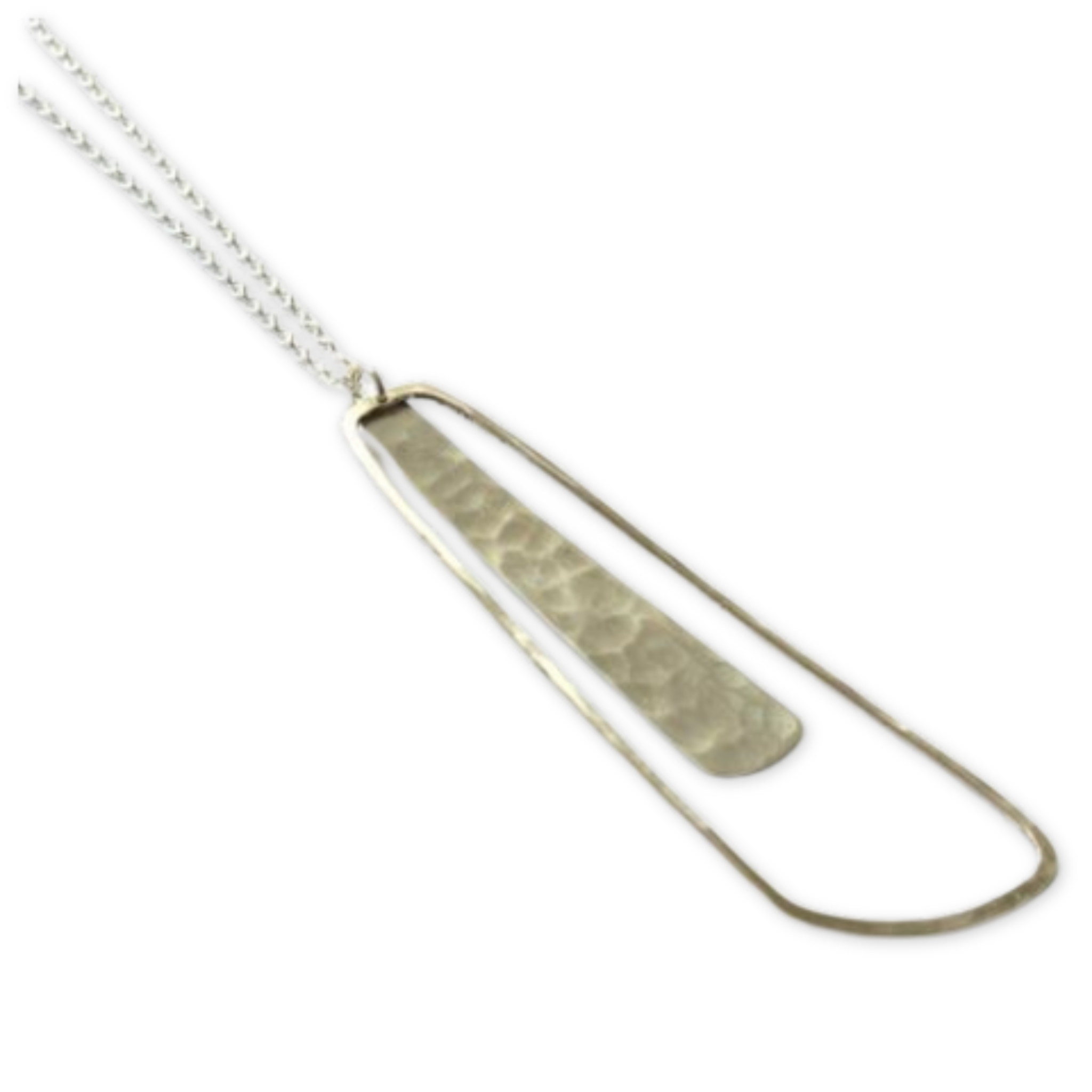 hammered abstract rectangle pendant hanging with a thin hammered open abstract rectangle and supported by a delicate necklace chain