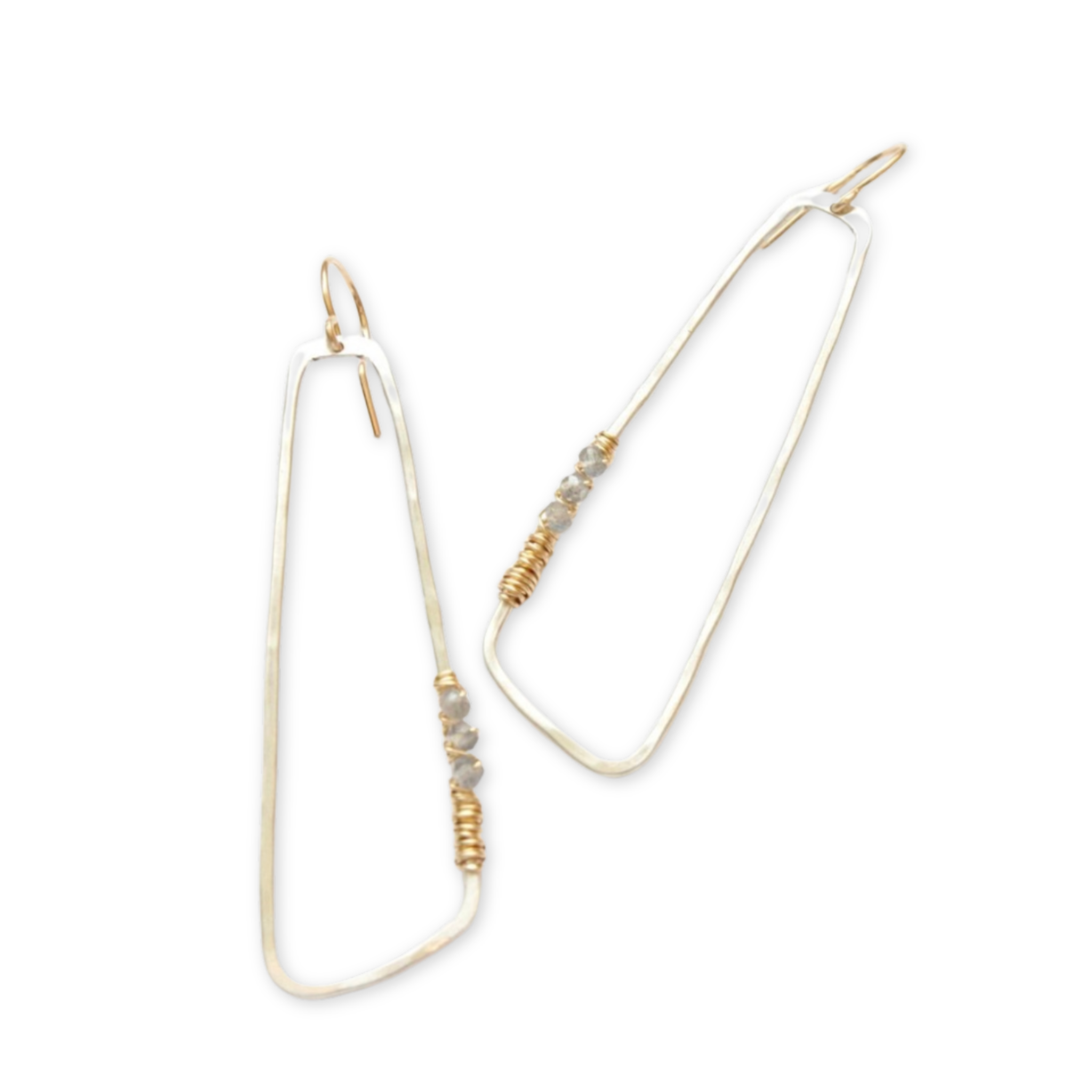 hammered modern geometric shaped earrings wrapped with wire and labradorite stones