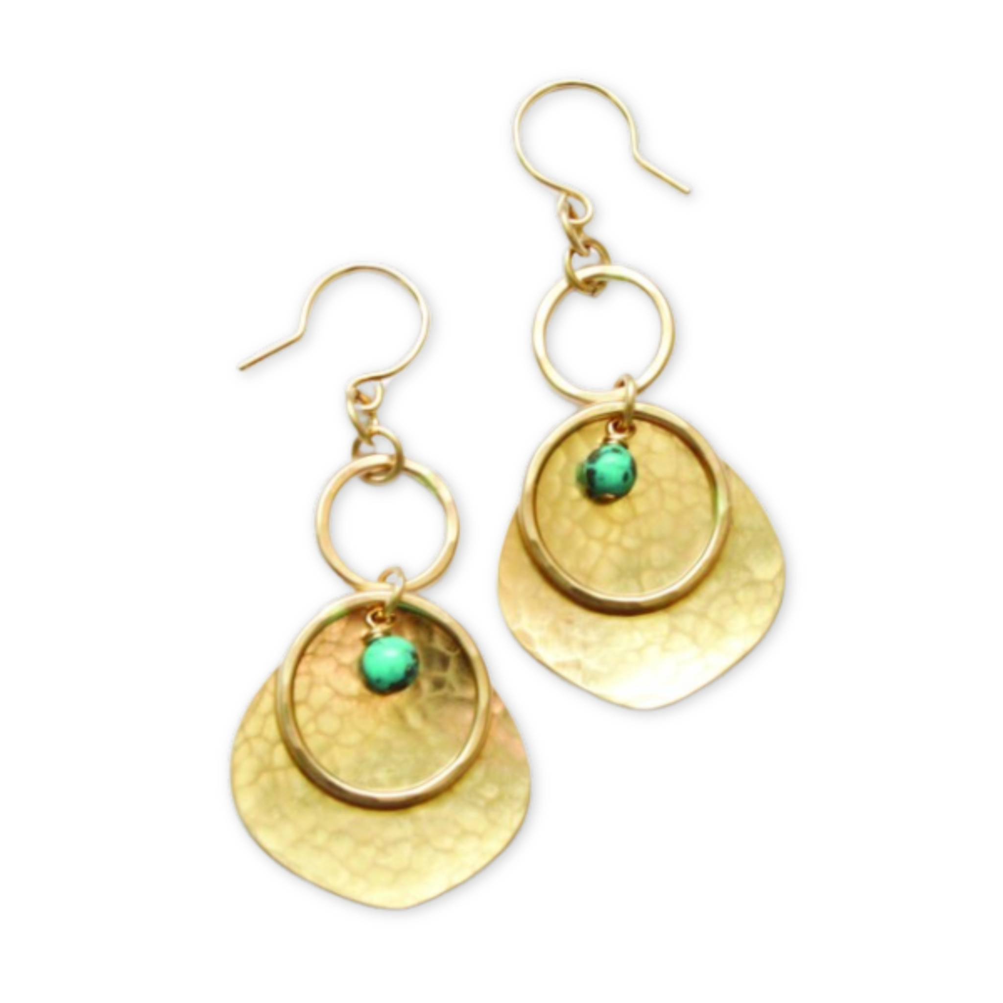 dangling earrings with hammered circles with a leaf inspired pendant and a small hanging stone
