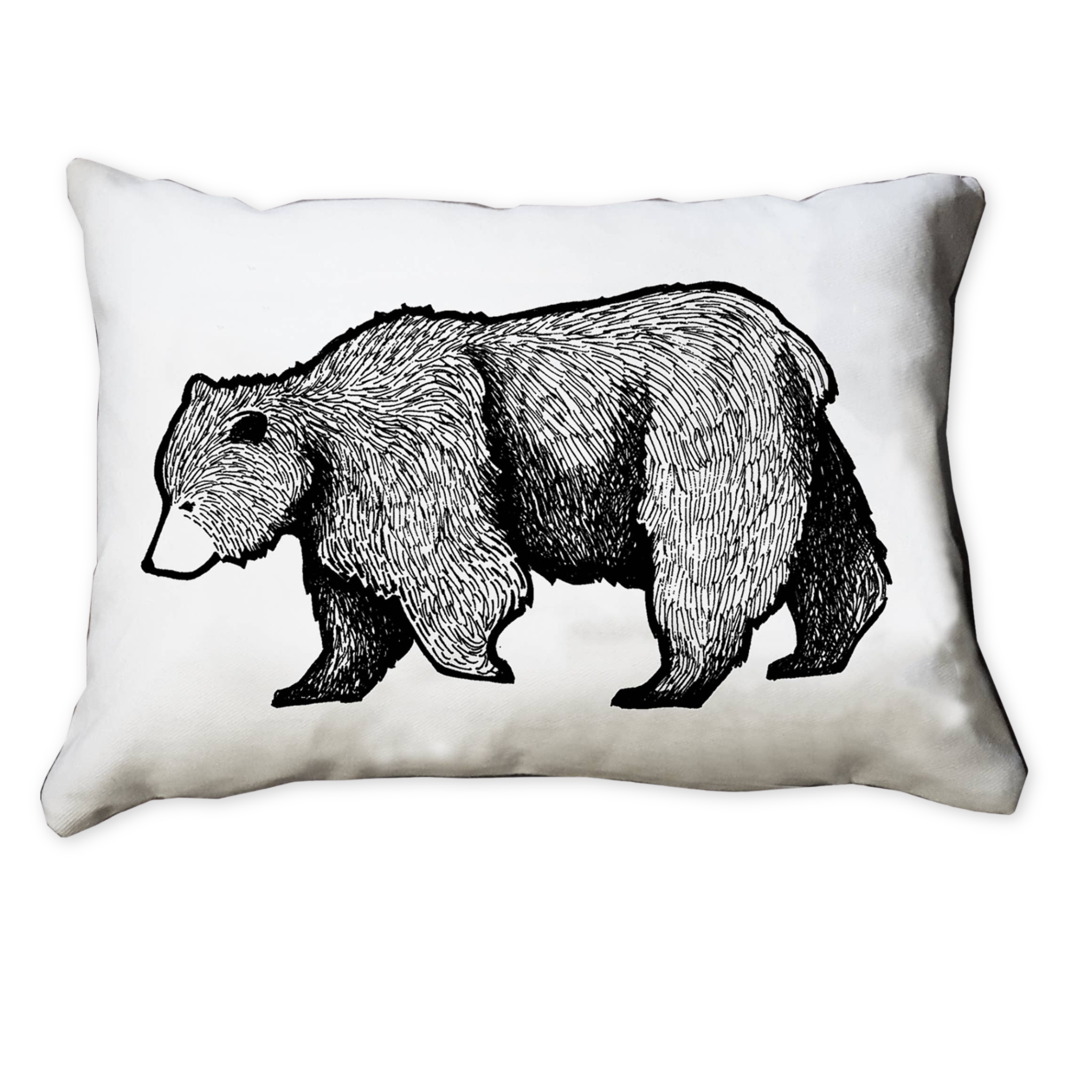 denim accent pillow with a hand drawn bear printed on the front