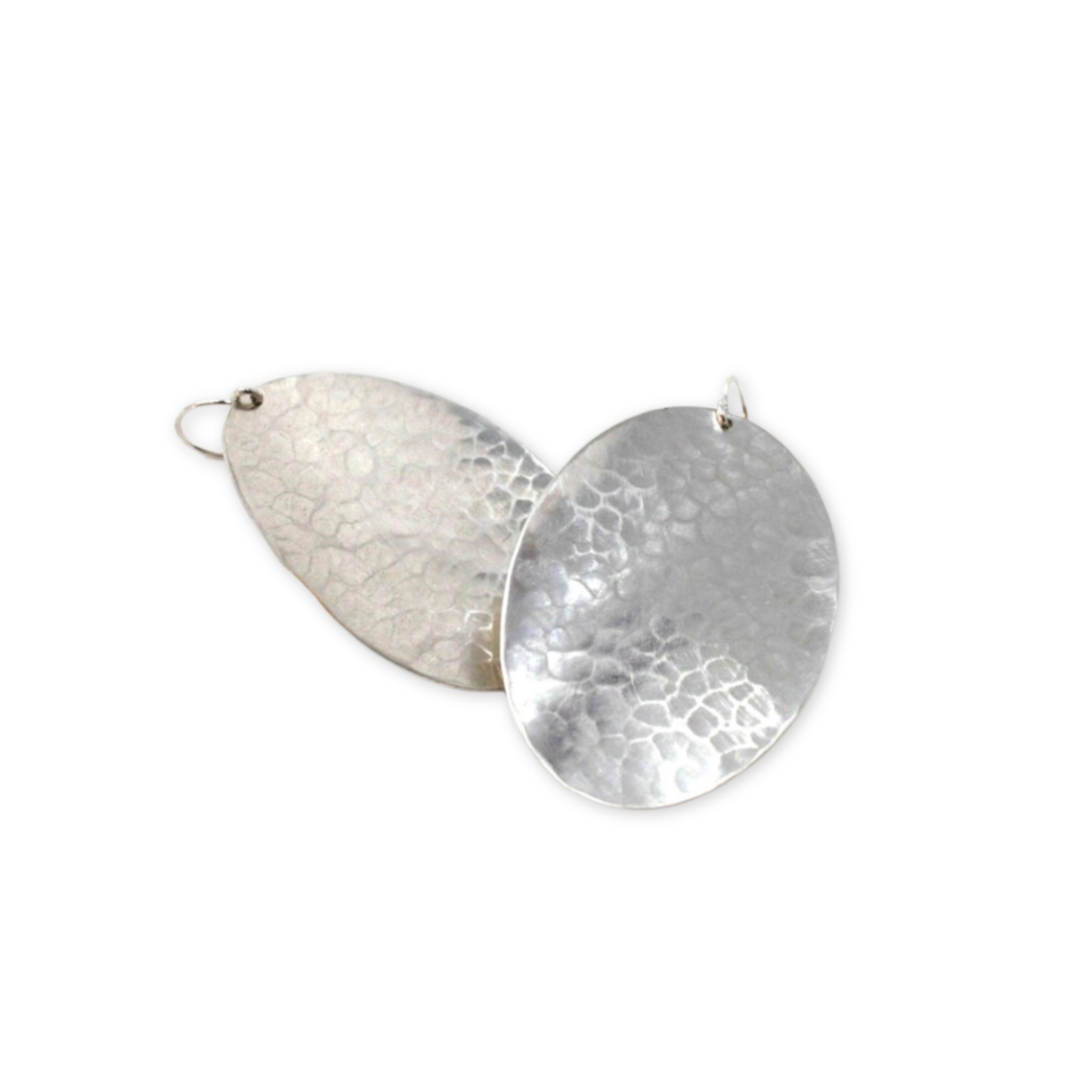 large hammered oval shaped pendants hanging on ear wire