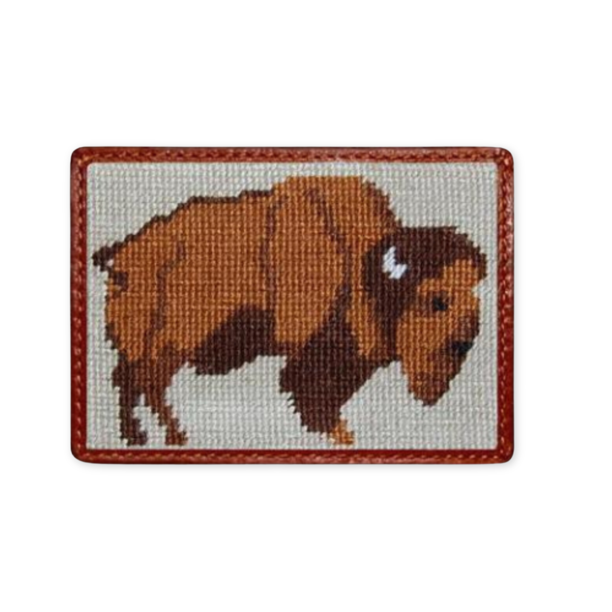 hand stitched needlepoint card holder with a bison design