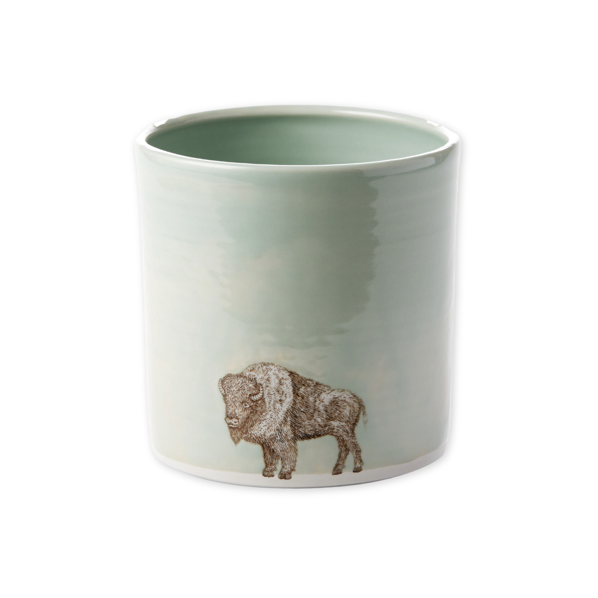 large porcelain crock with screen printed hand drawn bison design