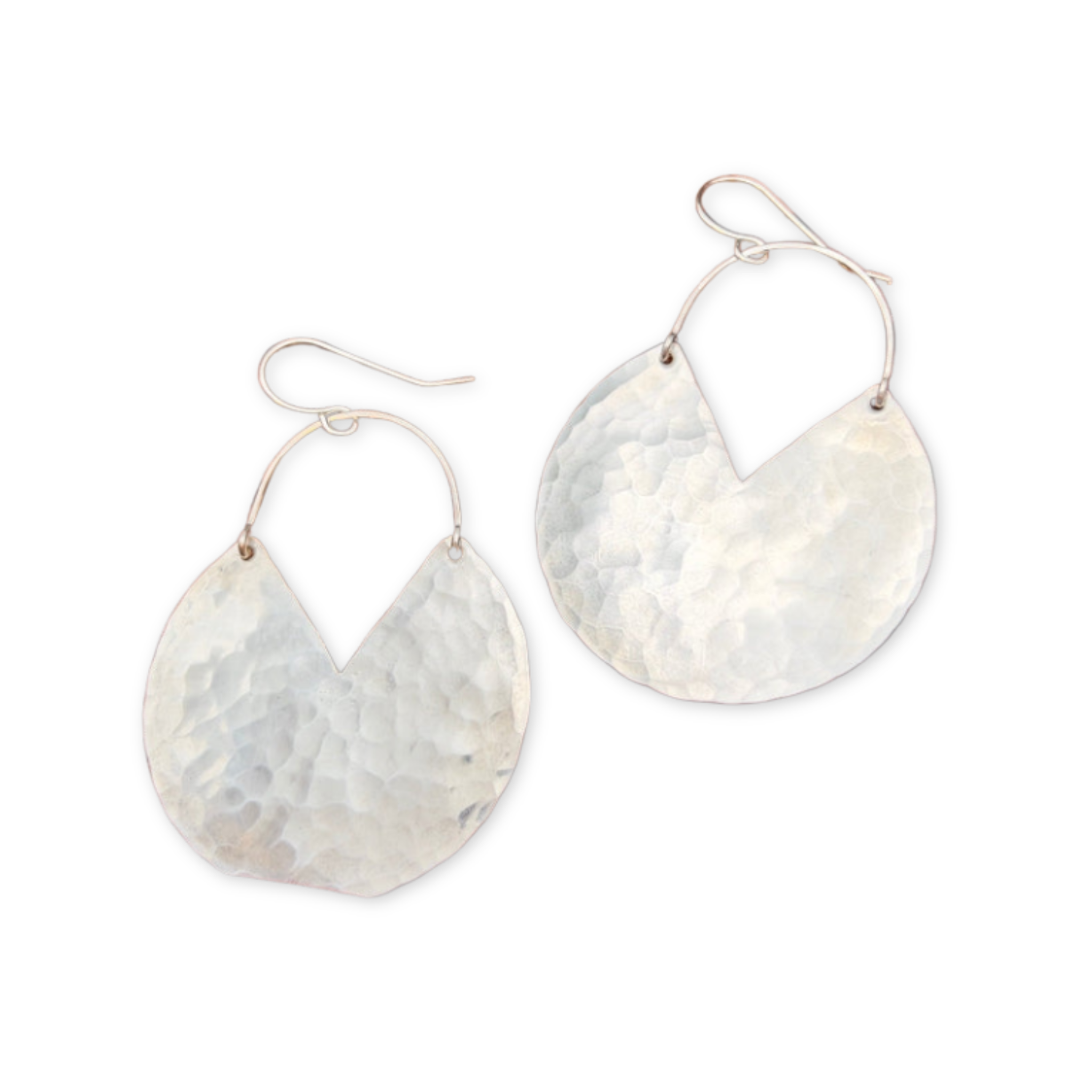 large hammered round disc pendants with angled cutout hanging from thin ear wire