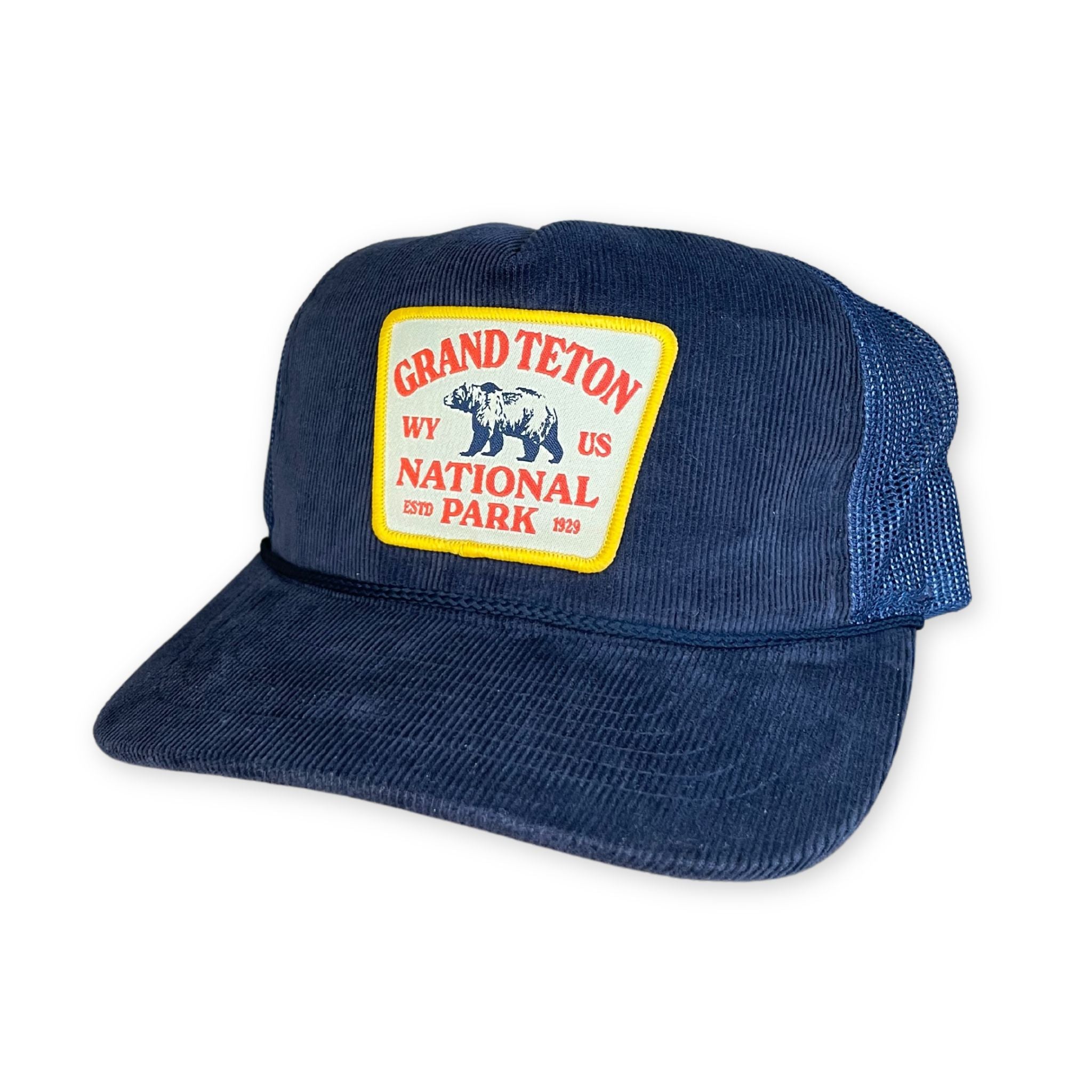 Blue Corduroy Trucker hat with Blue Mesh and a patch on the front