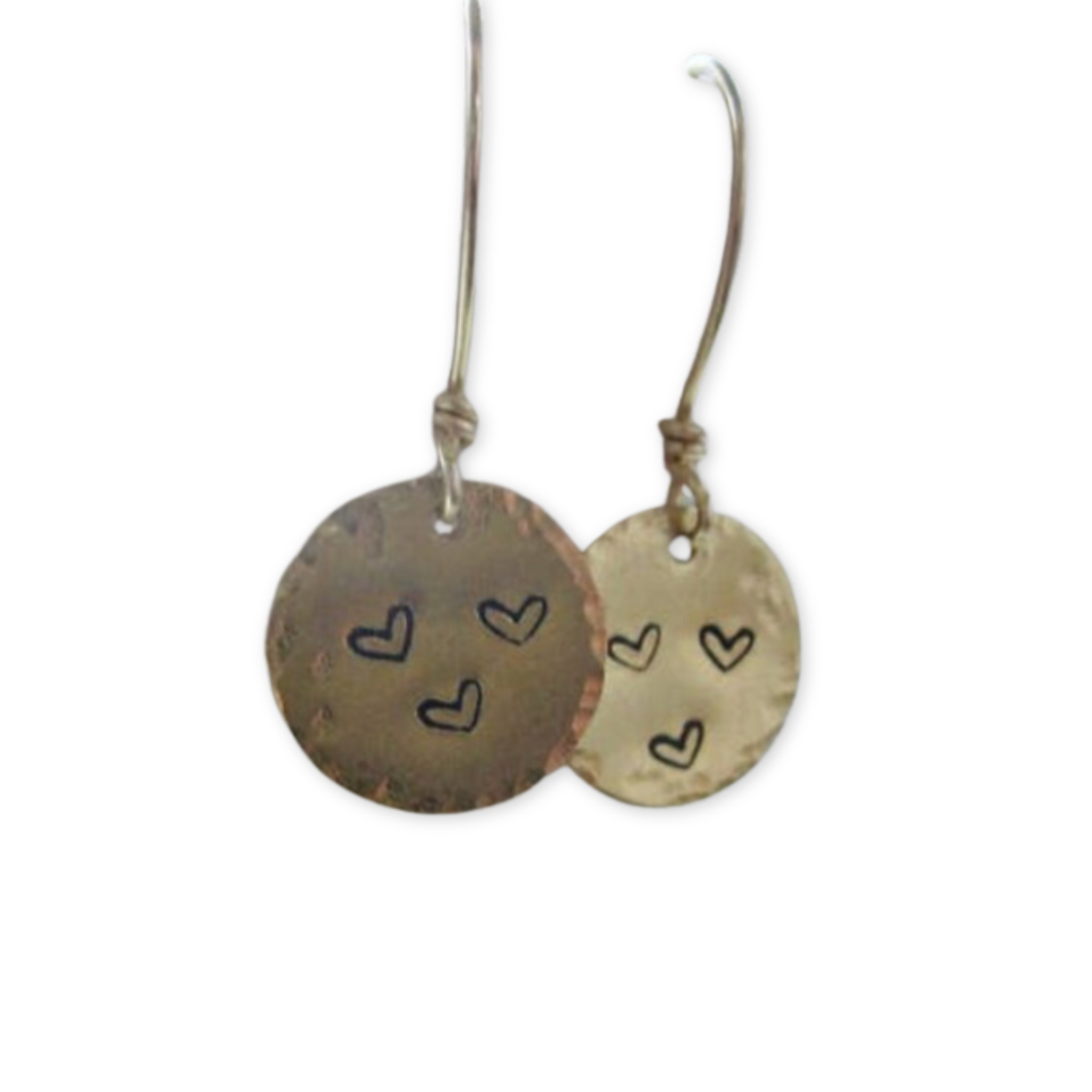 raw brass disc earrings with three hammered hearts