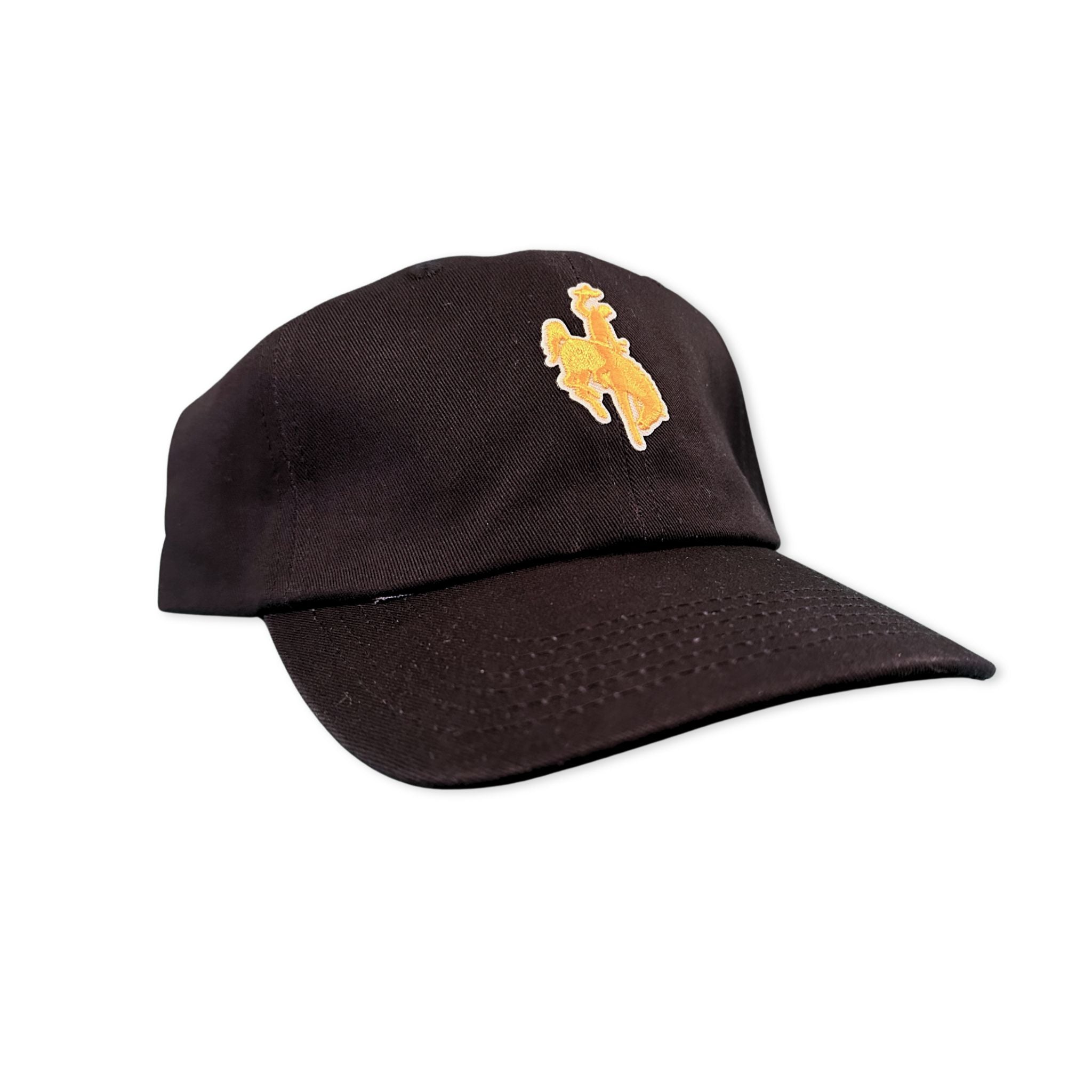 A black dad hat featuring the mustard color bronco silhouette patch.