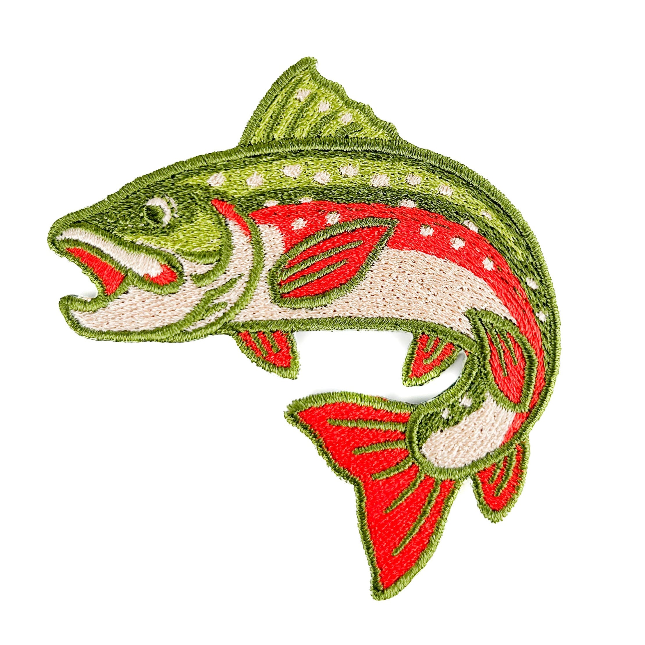Embroidered iron on patch of a brook trout with red and green design.