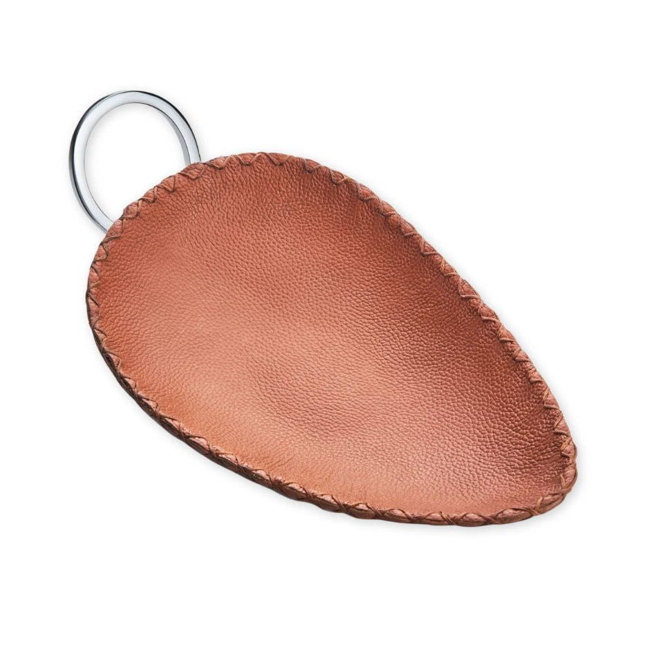 Brown leather keychain with a metal ring on a white background