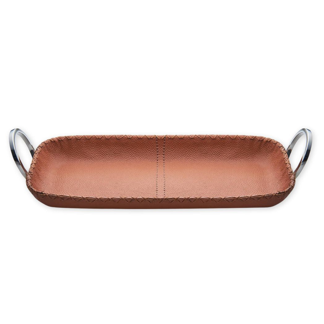 Brown leather tray with metal handles on a white background