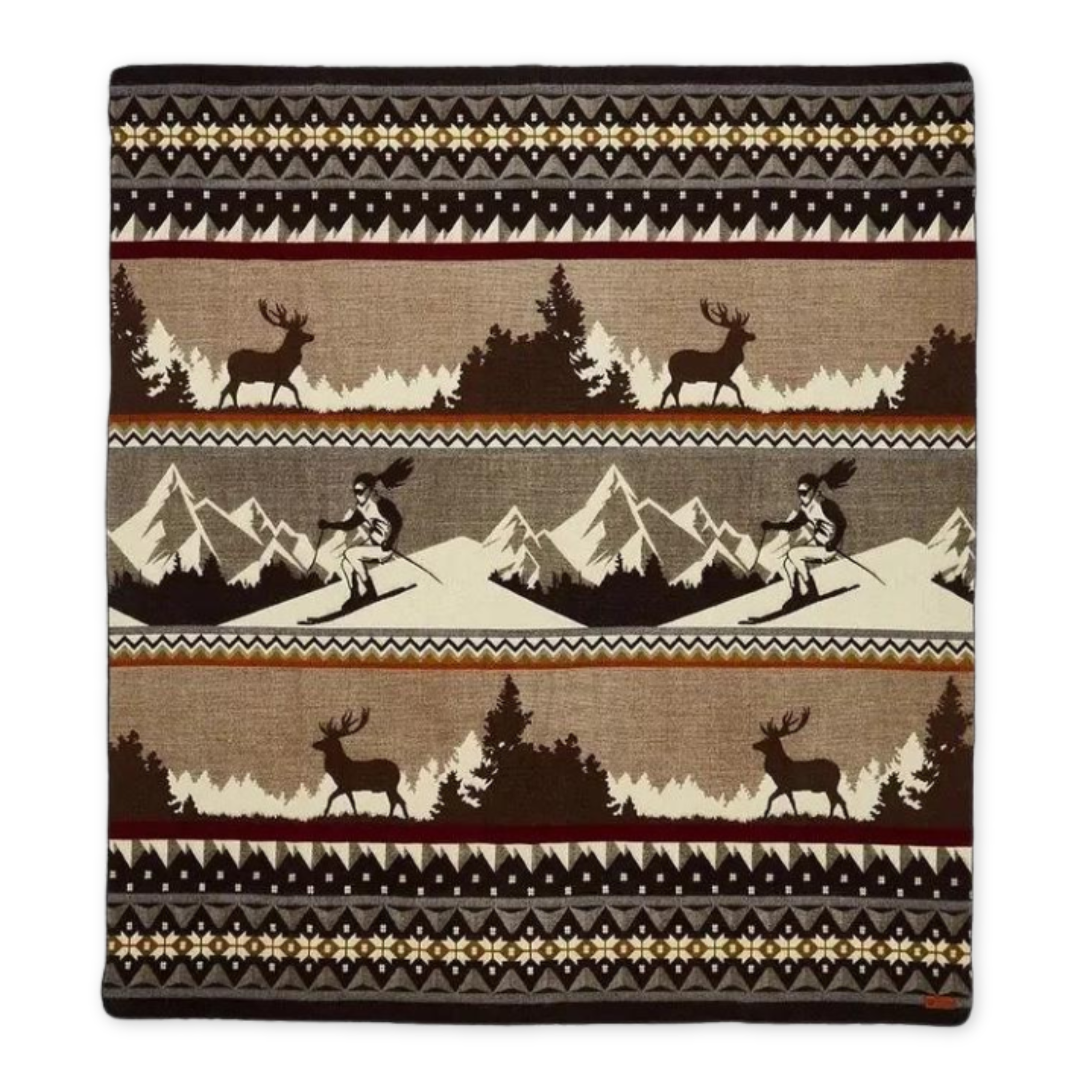 large brown southwestern inspired blanket with deer design and female skiers