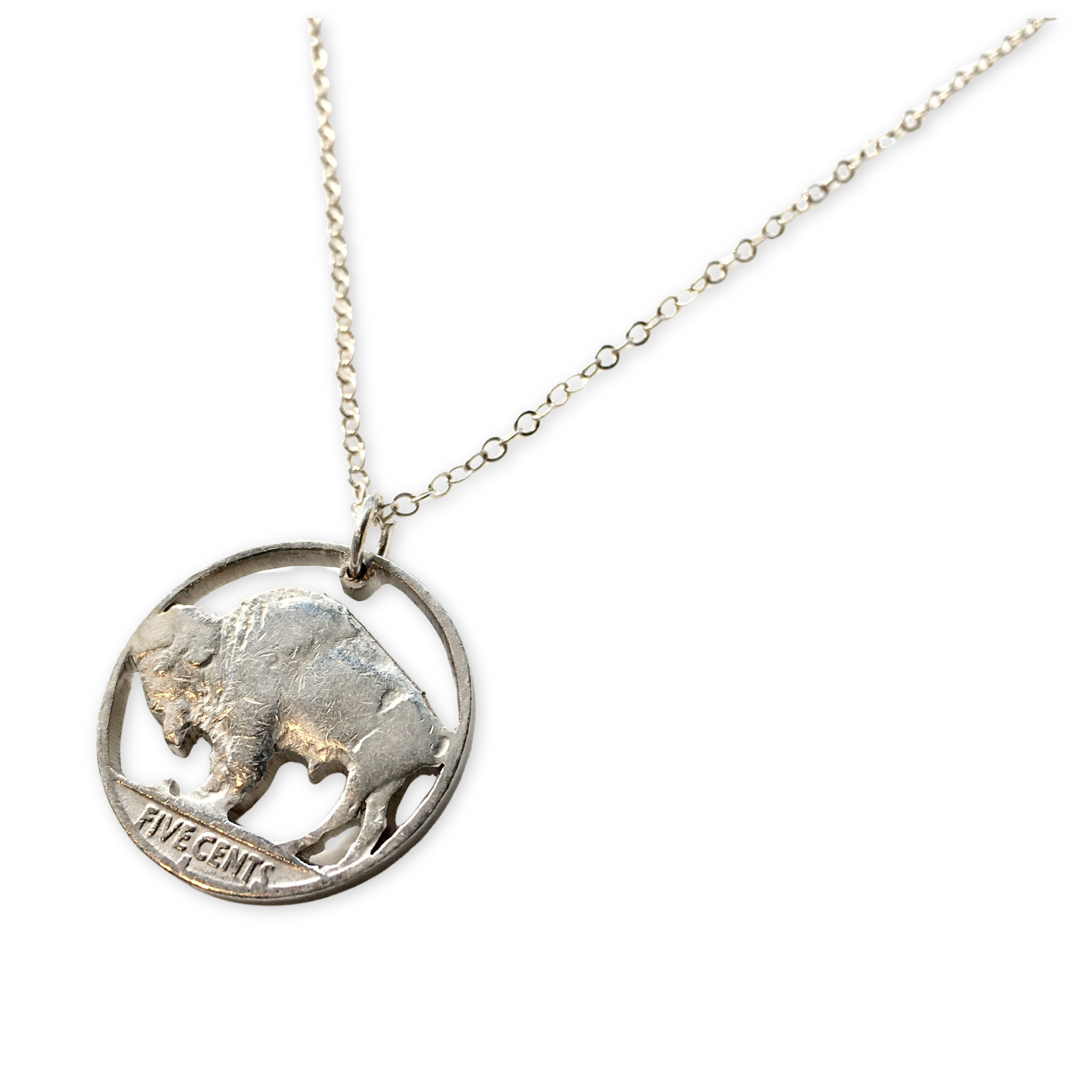 silver chain with a carved out buffalo nickel pendant 