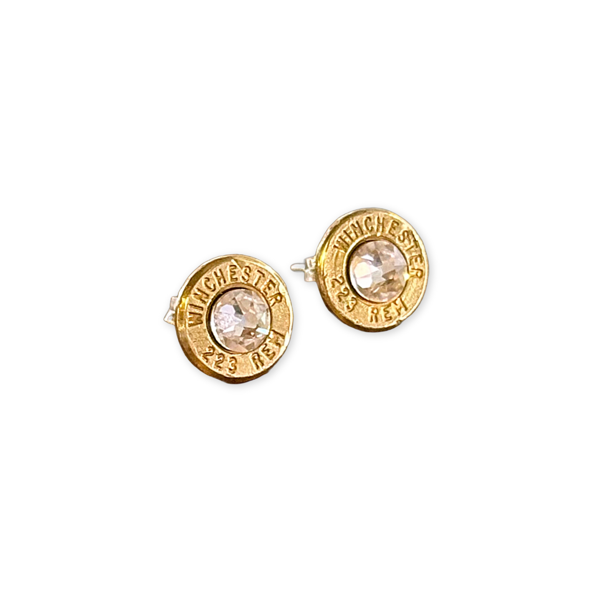 a pair of gold bullet studs with  Swarovski  crystals
