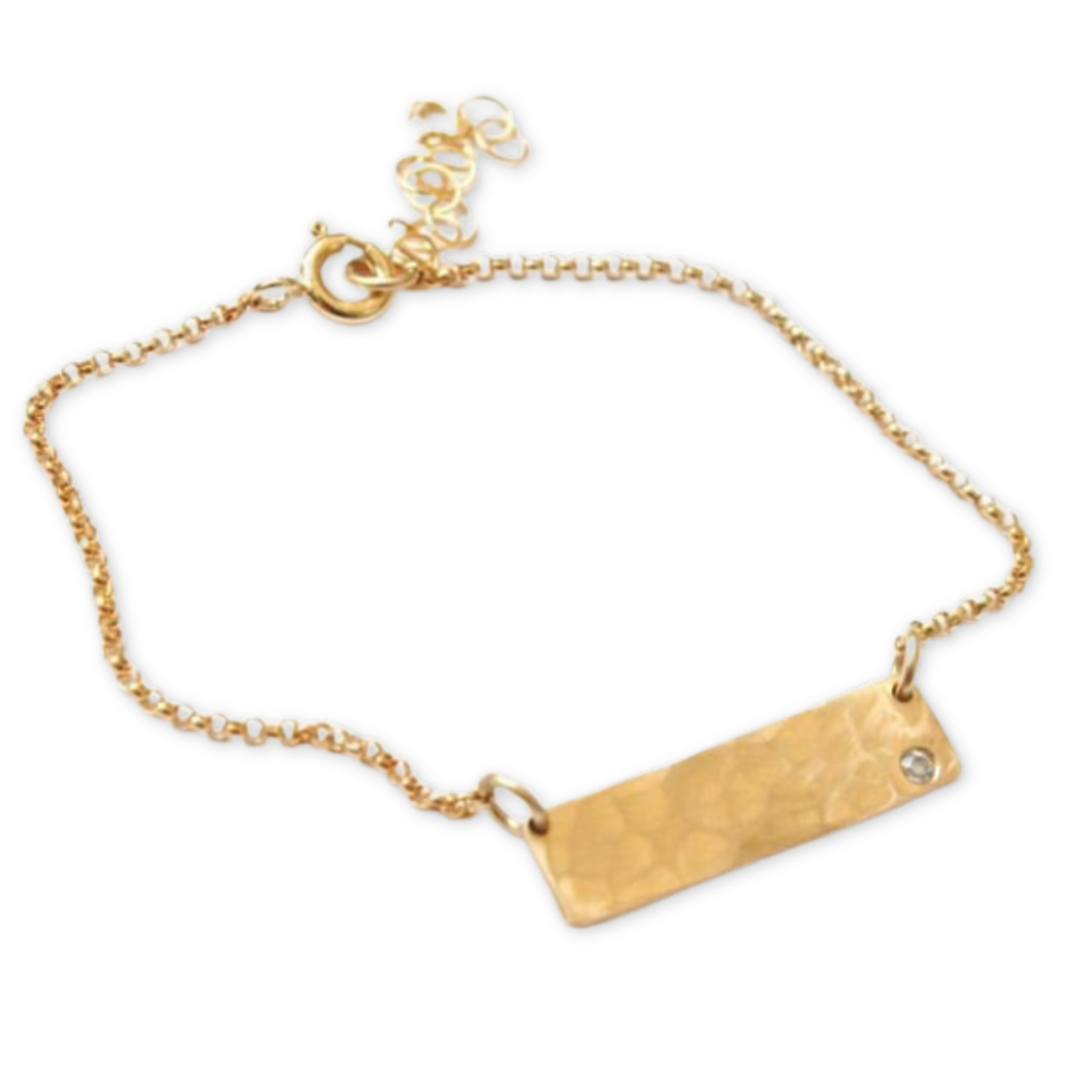 hammered rectangle pendant with a cubic zirconia stone on a thin adjustable bracelet chain