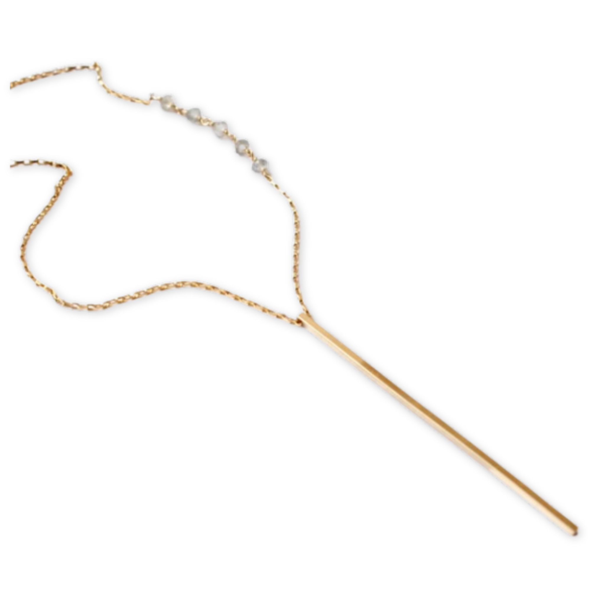 two inch long dangling pendant on a box chain necklace with a row of labradorite stones