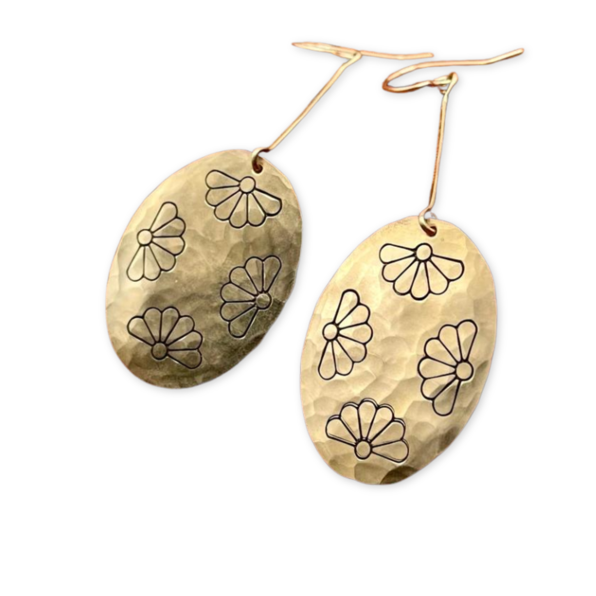 large hammered oval earrings stamped with floral designs