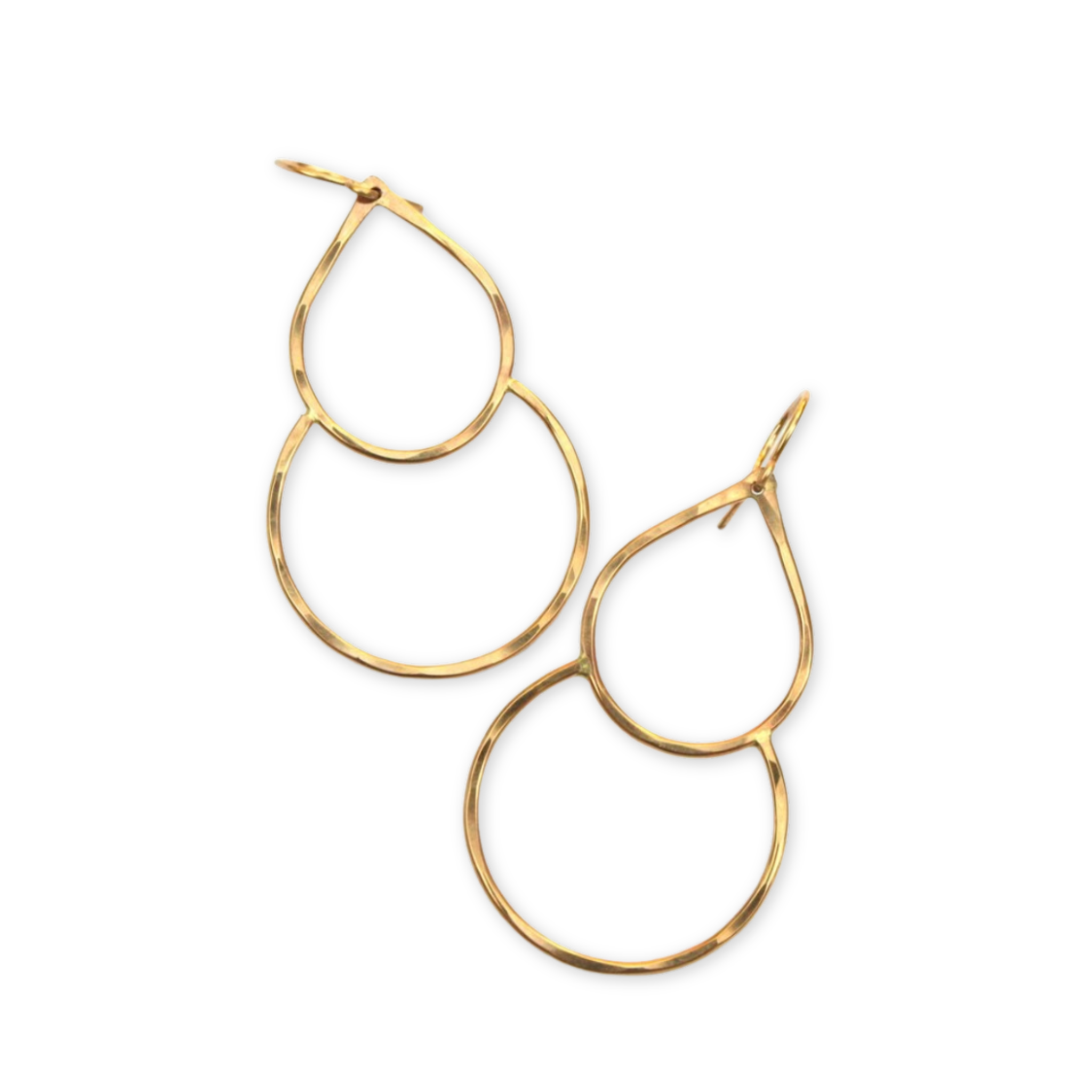 gold hammered tear drop and attached crescent shaped earrings
