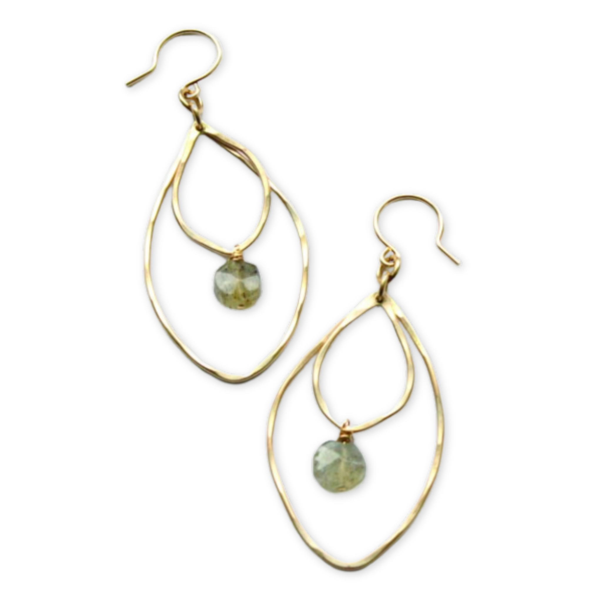 dangling leaf shaped earrings with hanging labradorite stones