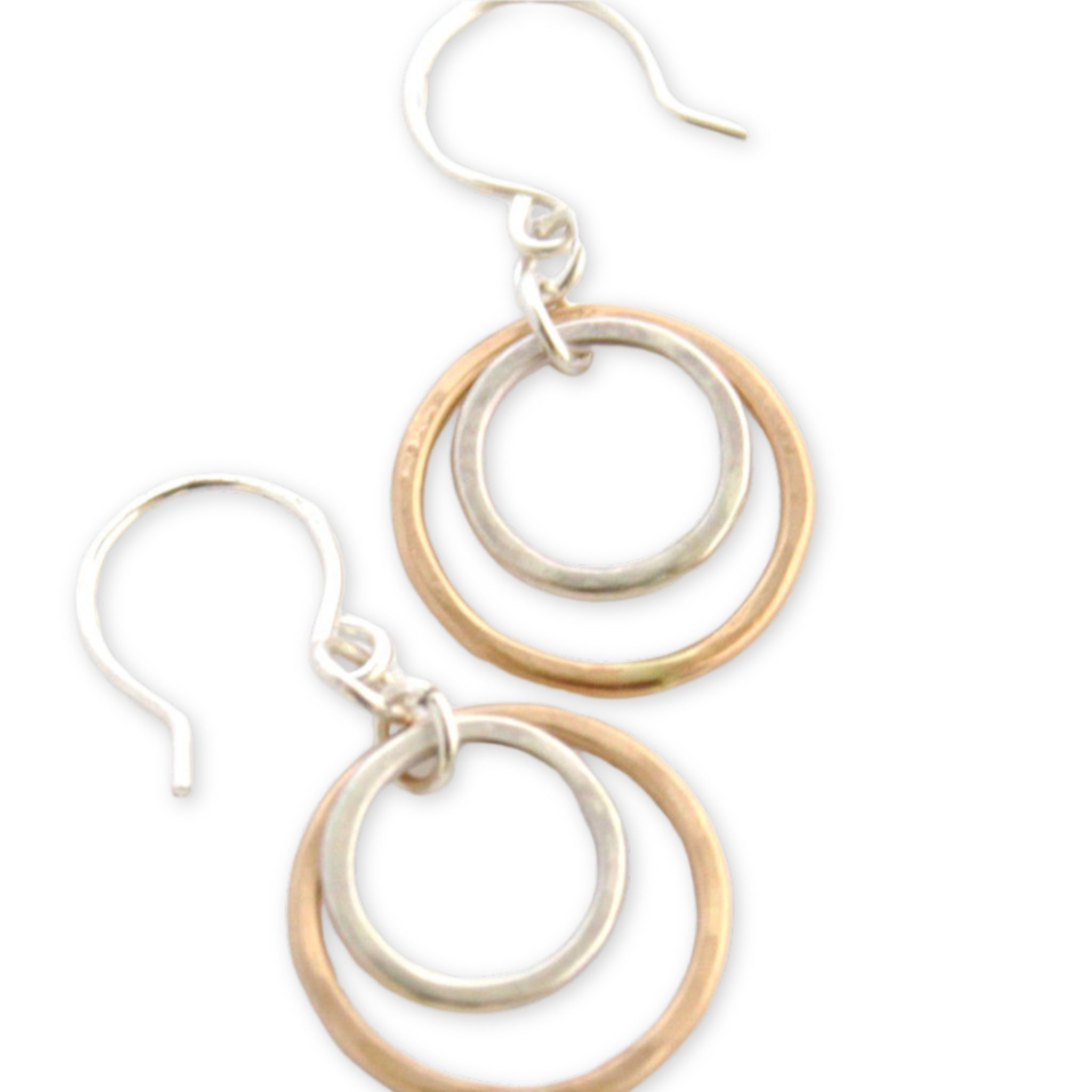 a pair of earrings with two circle pendants