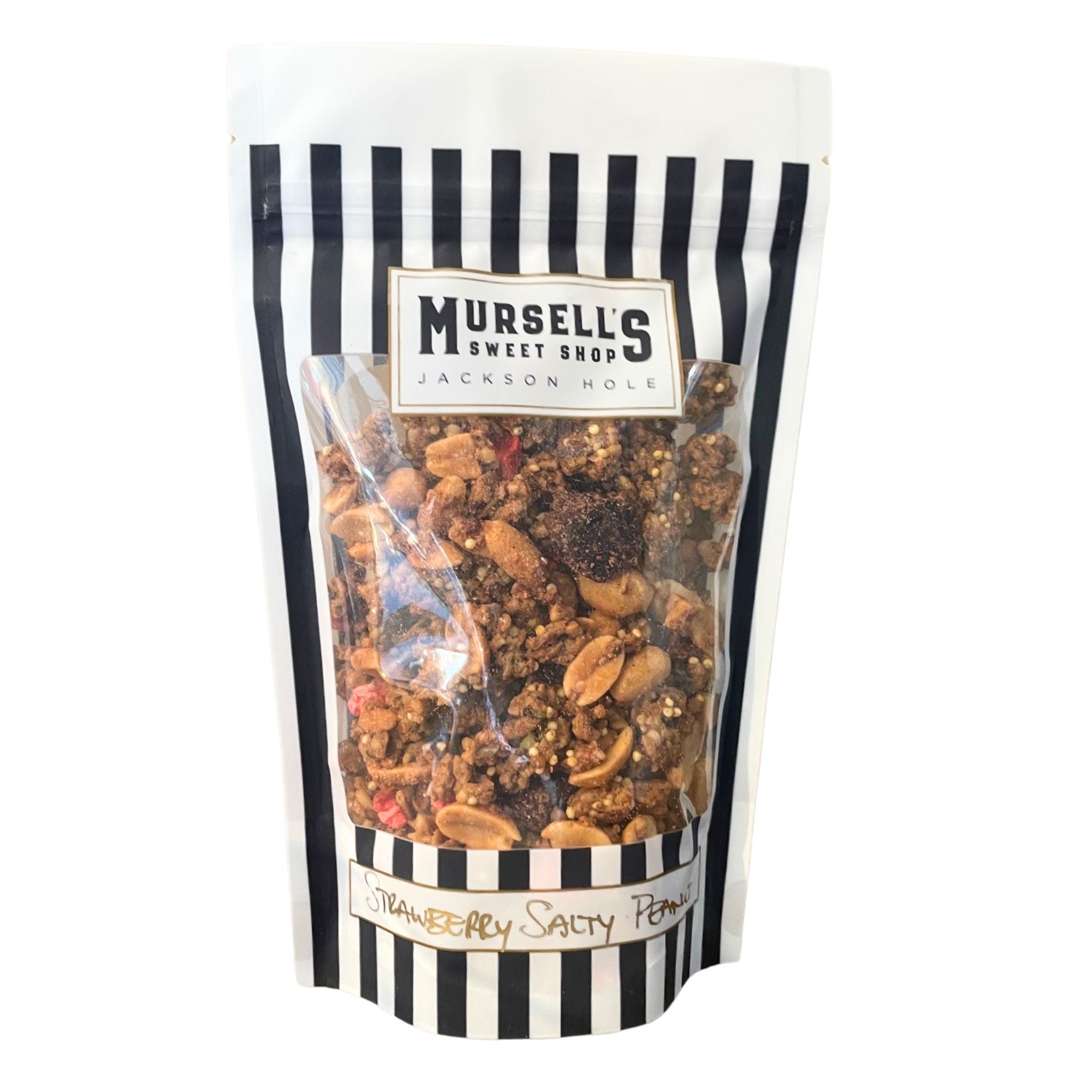 a blue and white striped bag of granola