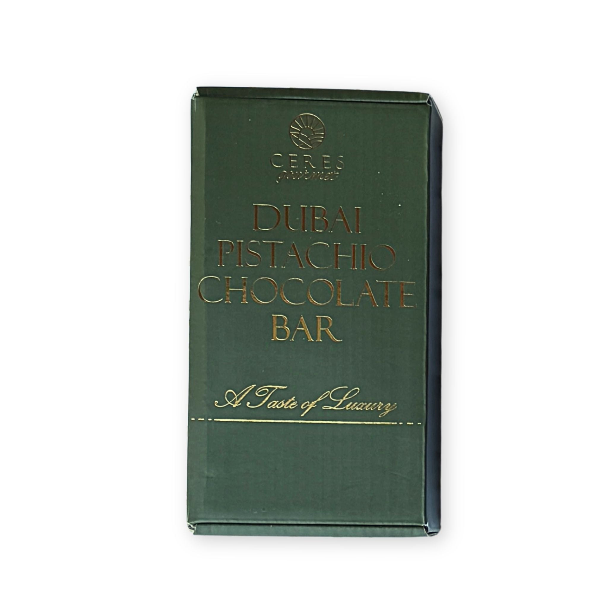 Green packaging of Dubai Pistachio Chocolate Bar with gold text on a white background