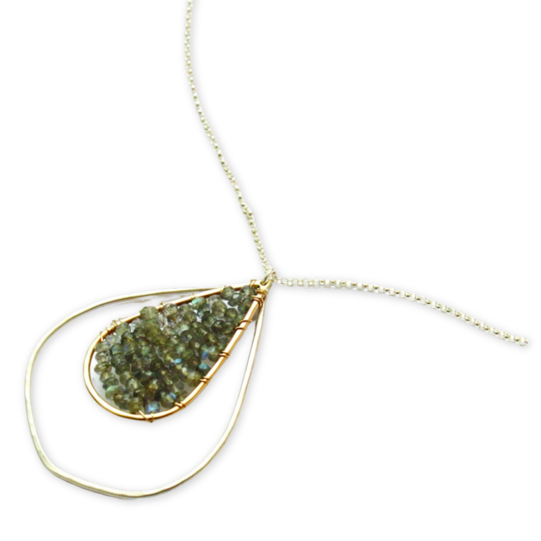 necklace with a hammered petal shaped pendant surrounding a teardrop shaped pendant adorned with small faceted stones attached by wire
