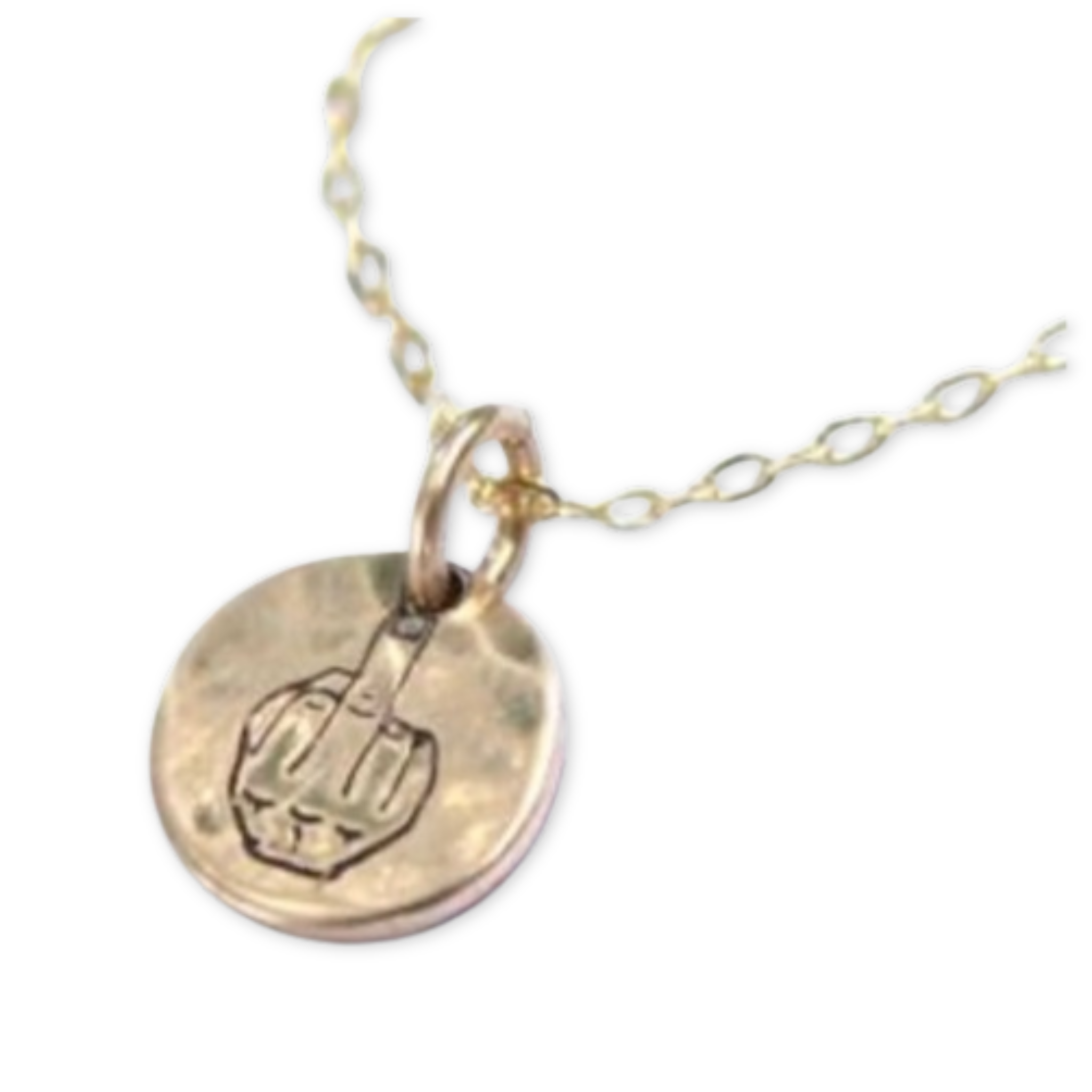 hand stamped middle finger on a small hammered disc hanging from a link chain necklace