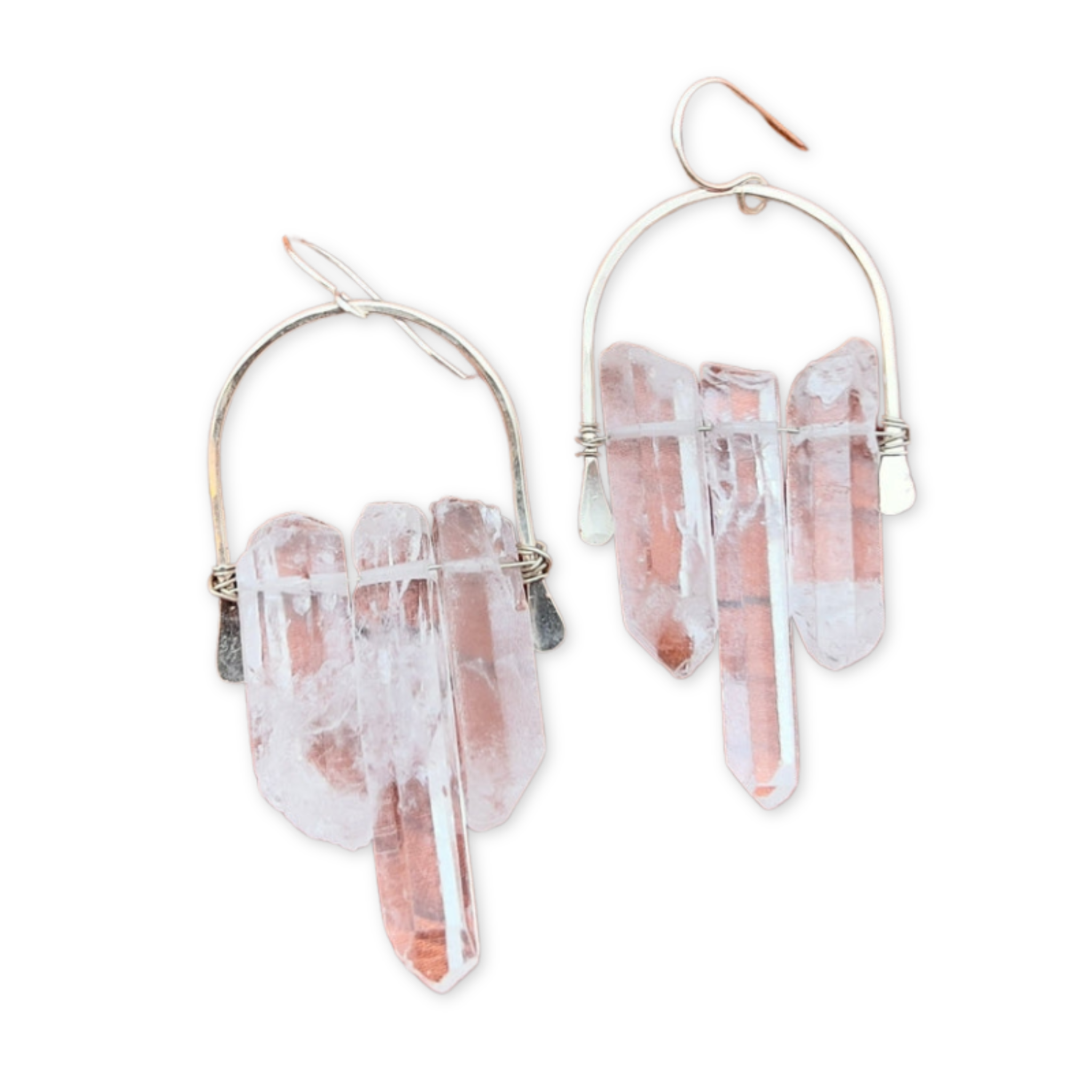 arch earrings with three long crystal quartz stones