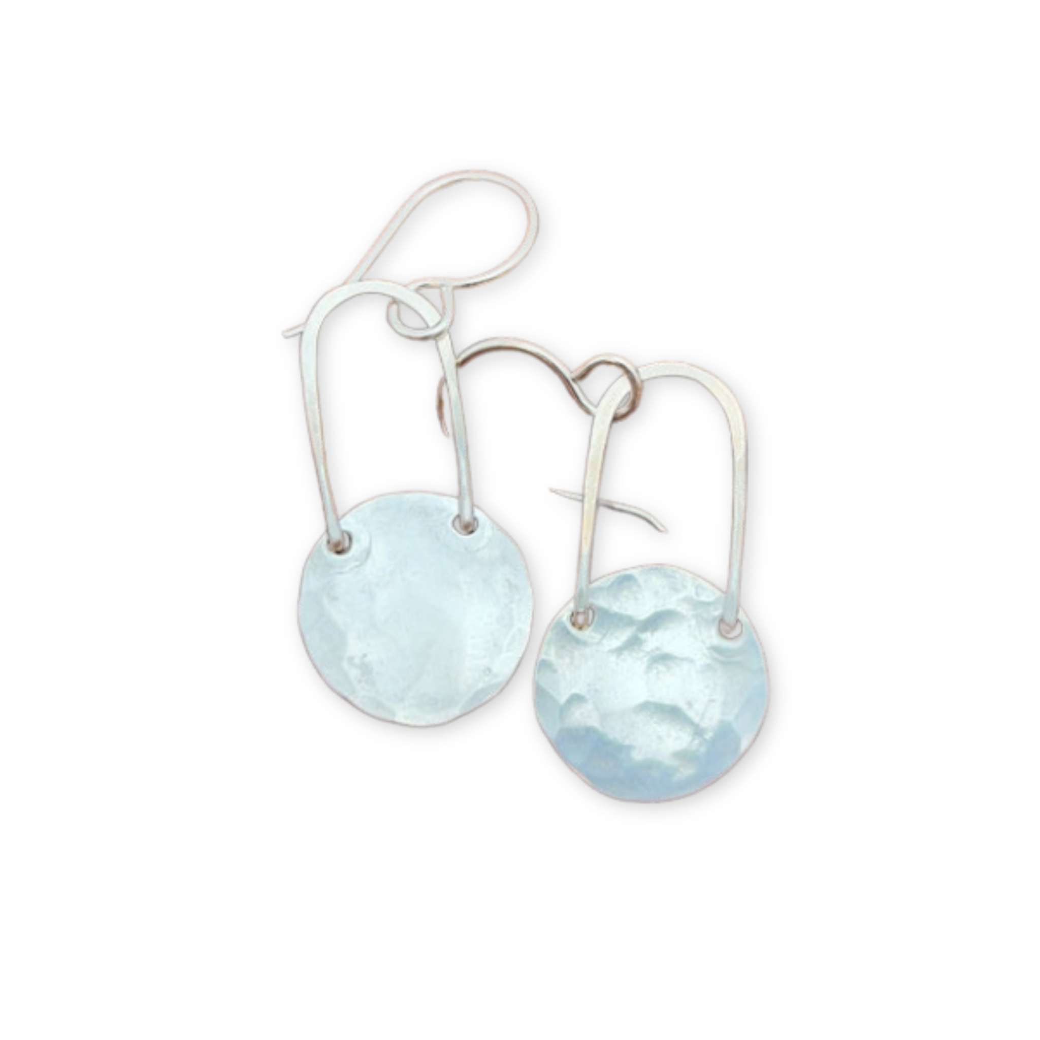 textured round discs hanging from arches and ear wire