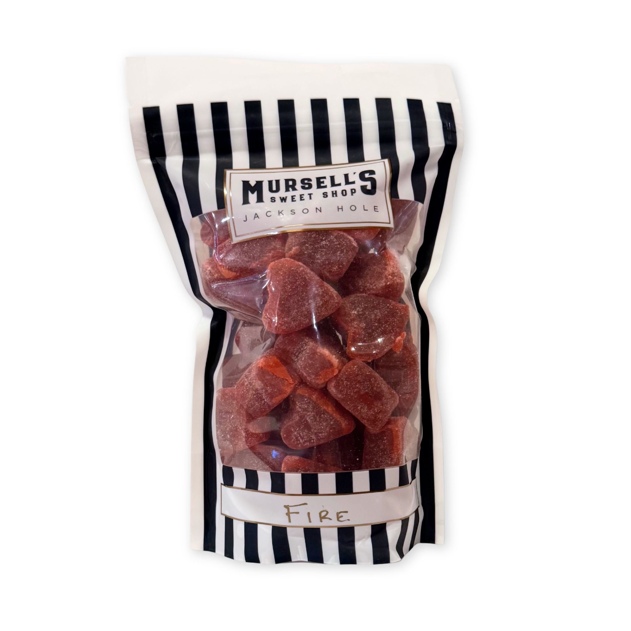 Bag of red cinnamon jelly hearts with a navy and white striped design and 'Murrell's Sweet Shop' branding.