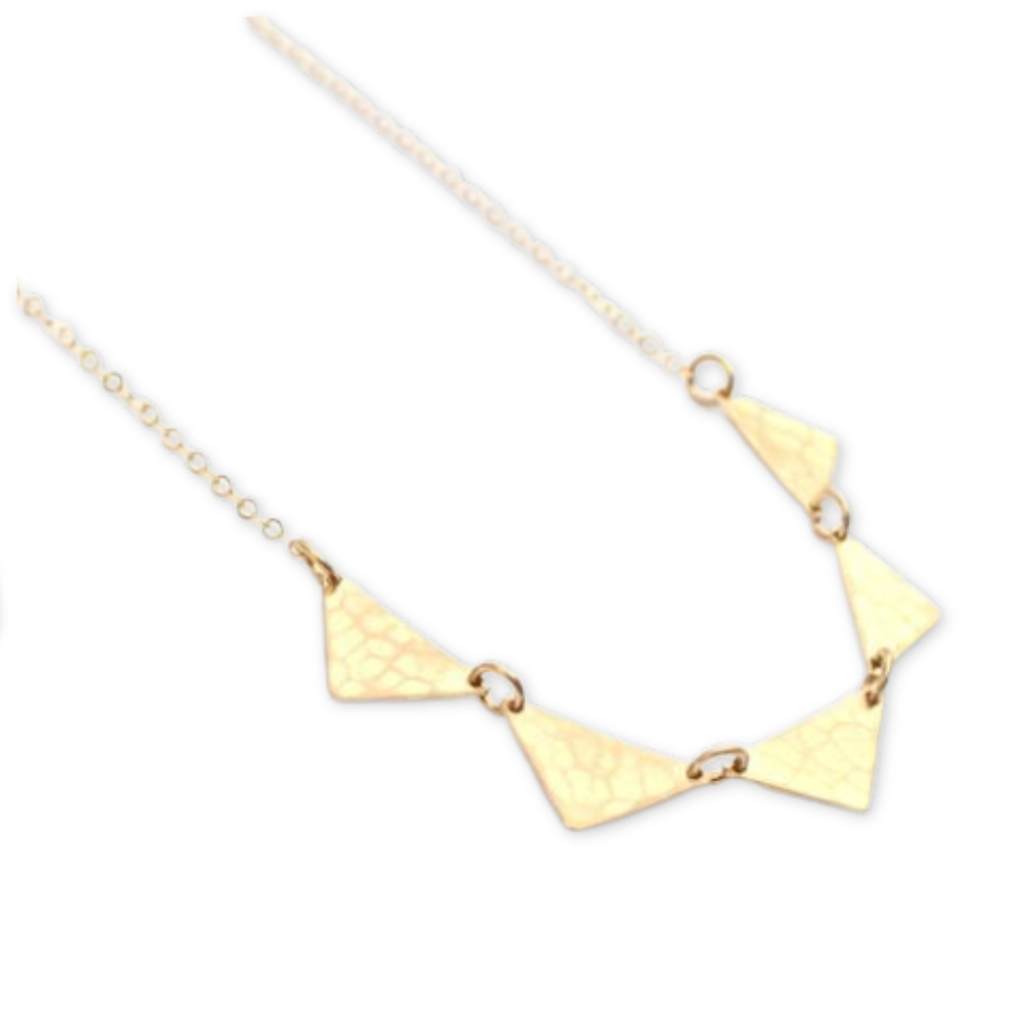 five hammered triangle pendants hanging on a simple thin necklace chain
