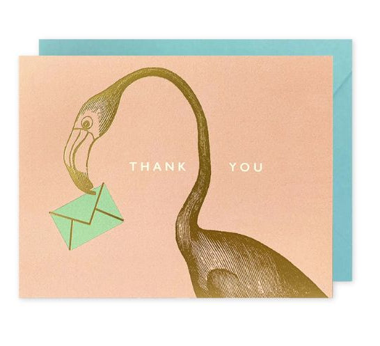 Card with a flamingo holding an envelope and 'Thank You' text on a peach background