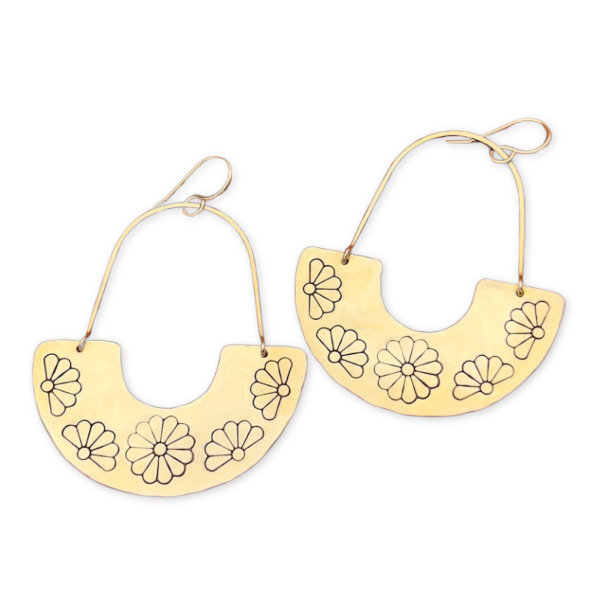 floral stamped u shaped pendants hanging from thin arches and ear wire