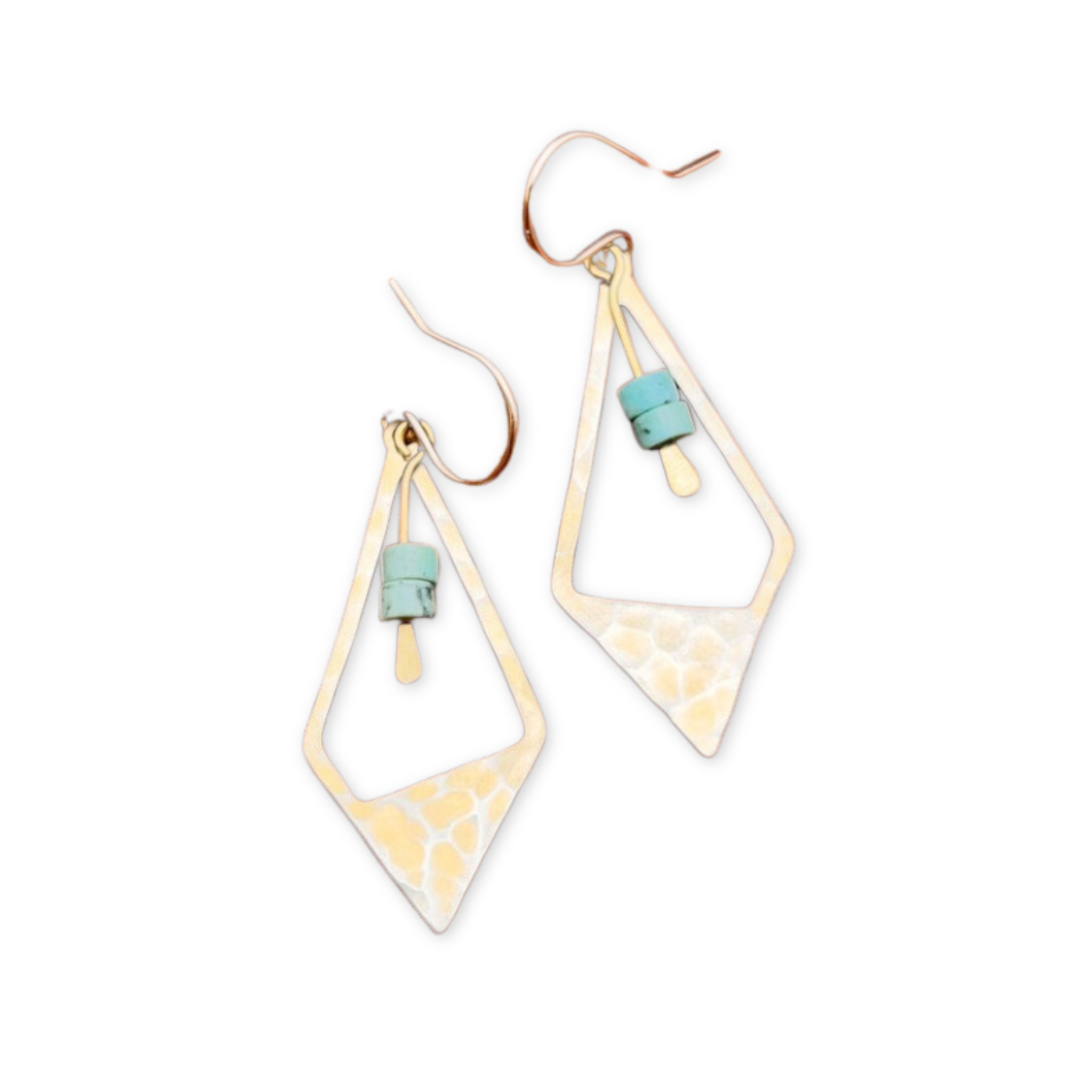 textured diamond shaped pendants and two turquoise stones hanging from ear wire