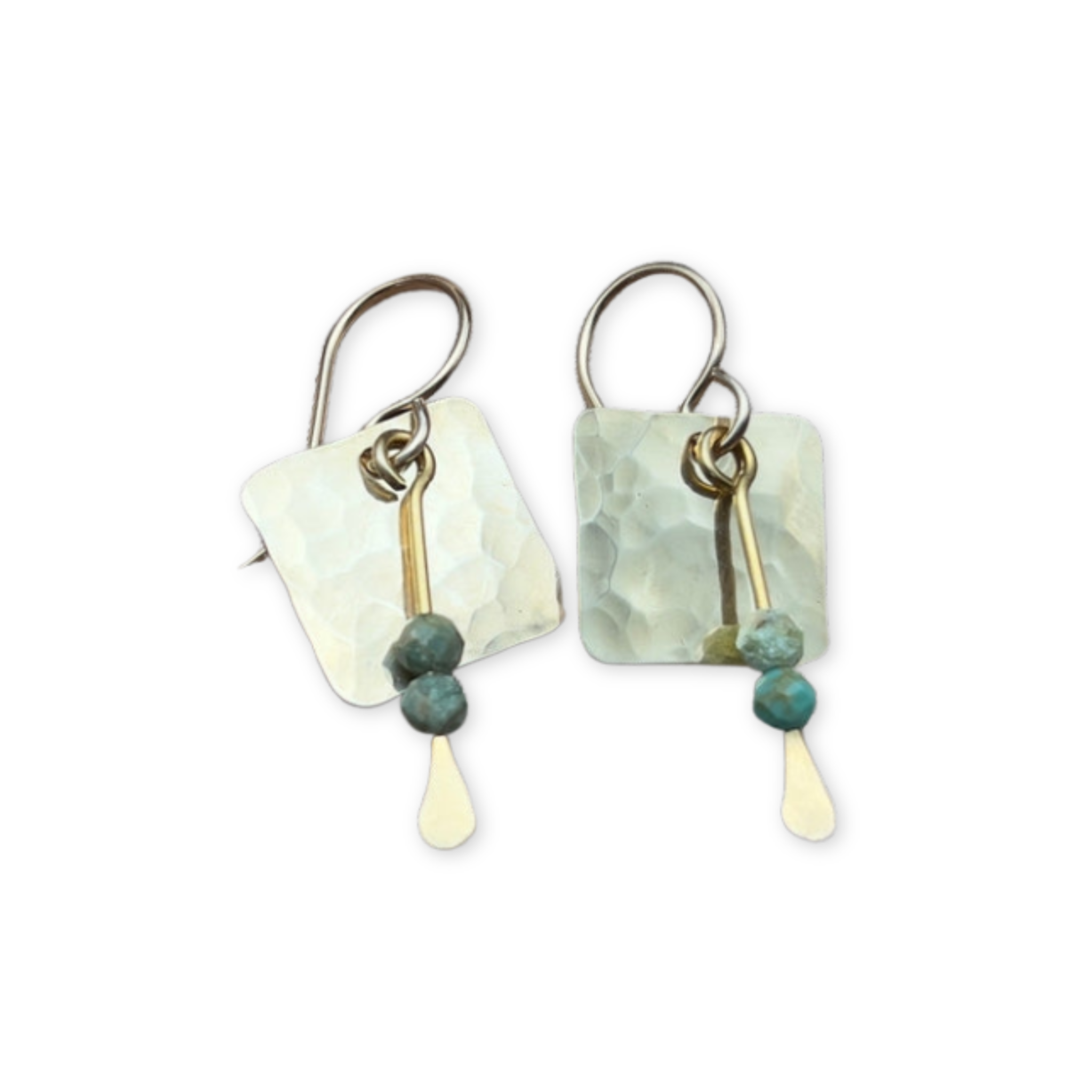 hammered square pendant earrings with two hanging stones