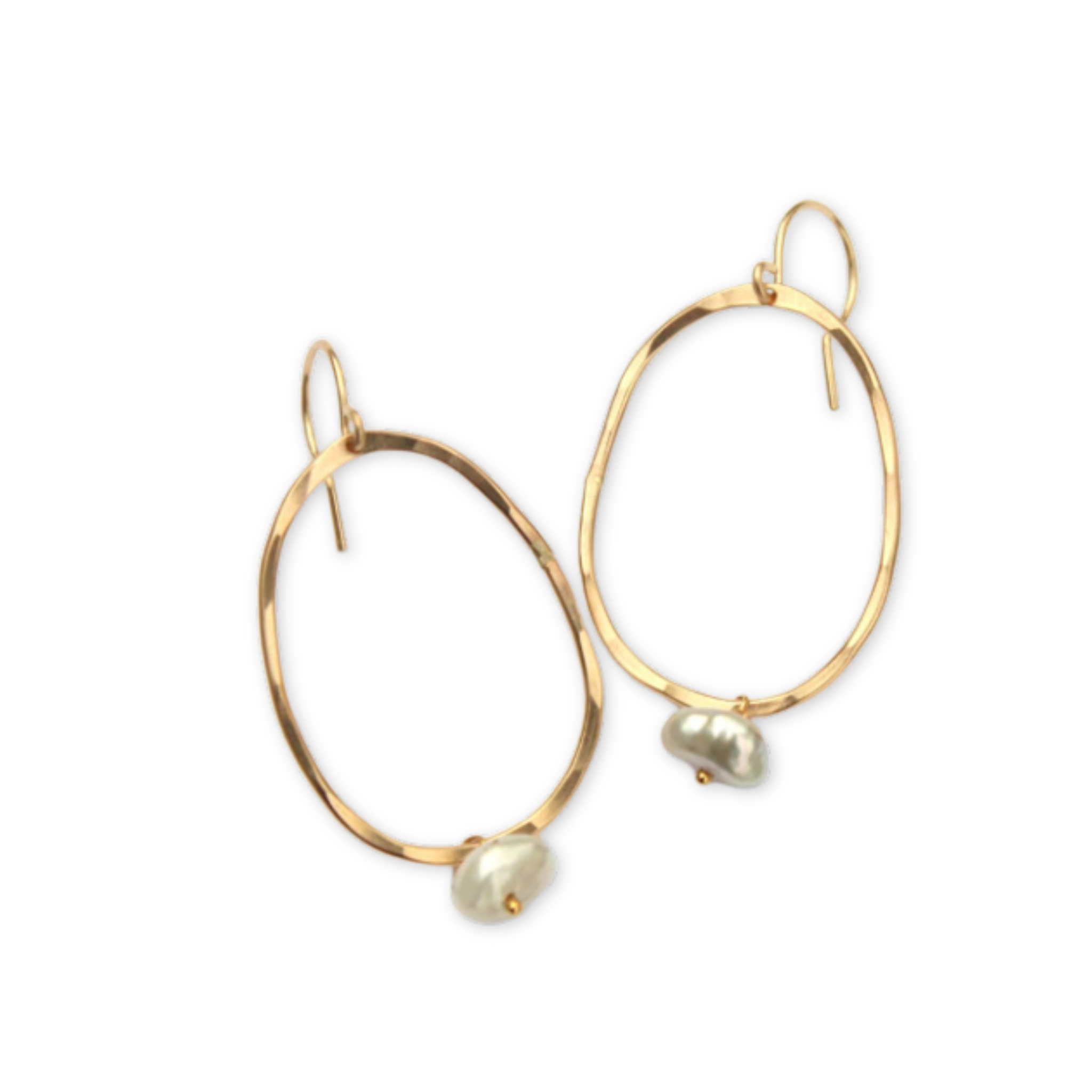 hand forged oval earrings with a hanging freshwater pearl