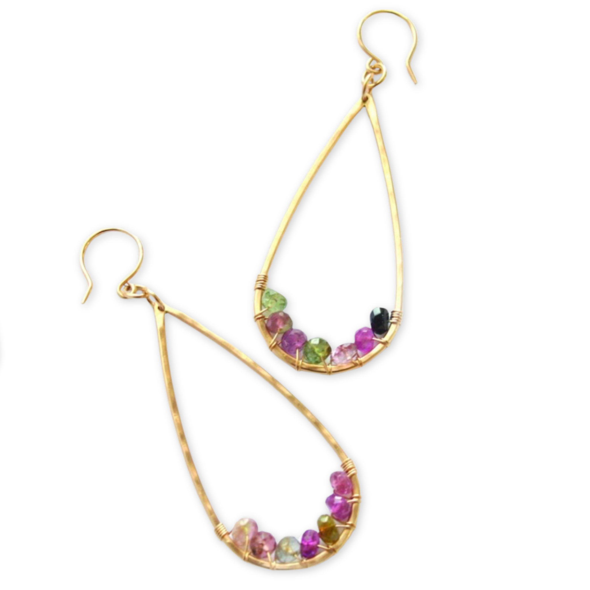 hammered open tear drop shaped earrings with seven faceted stones wired on the bottom