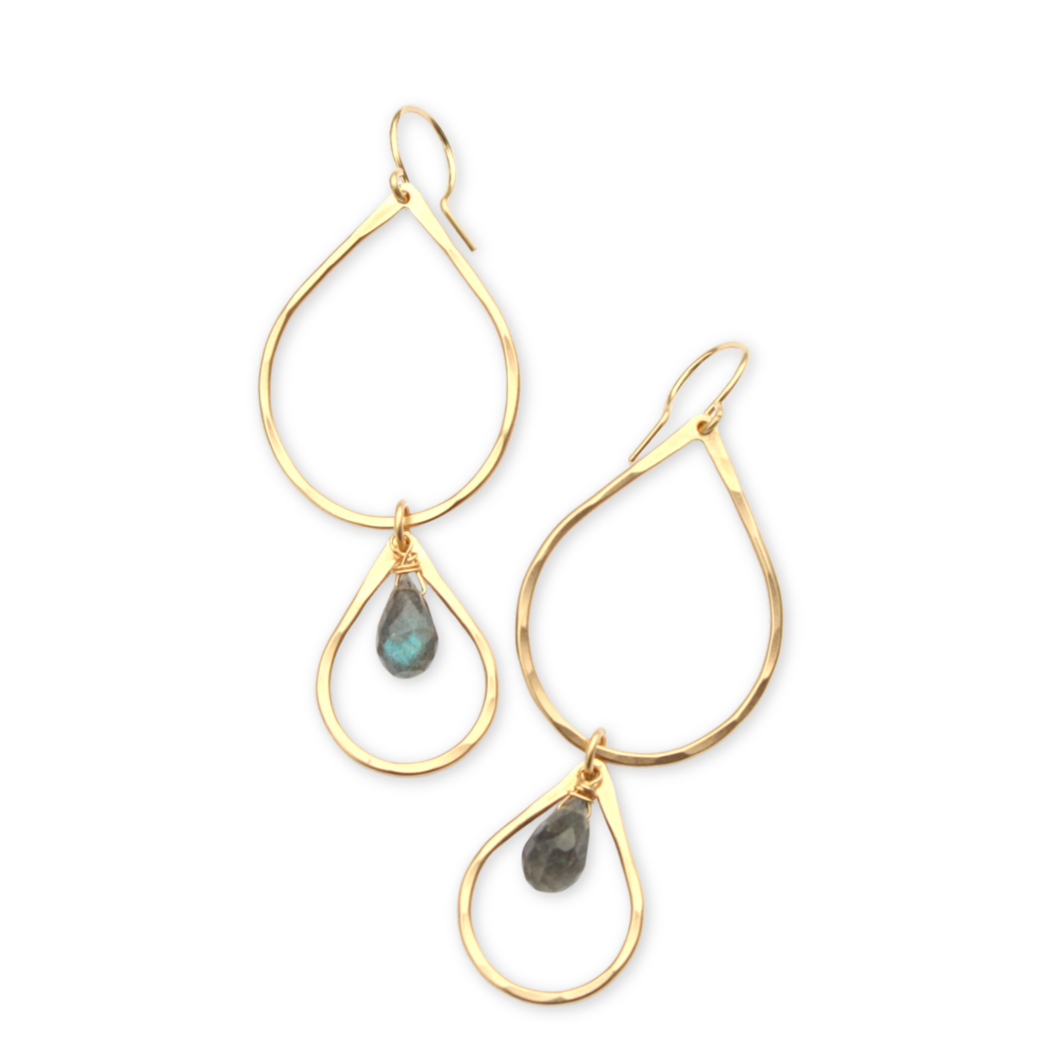 two hammered tear drop shaped pendants with labradorite stones hanging from ear wire