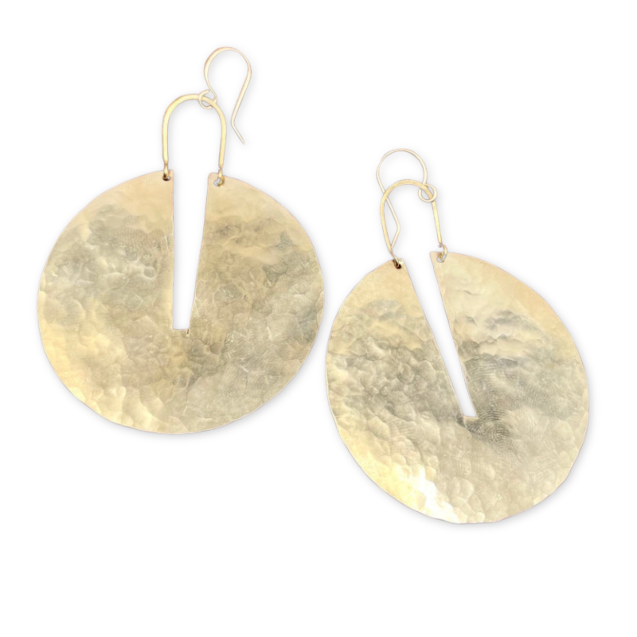 a pair of gold disc earrings with a slit