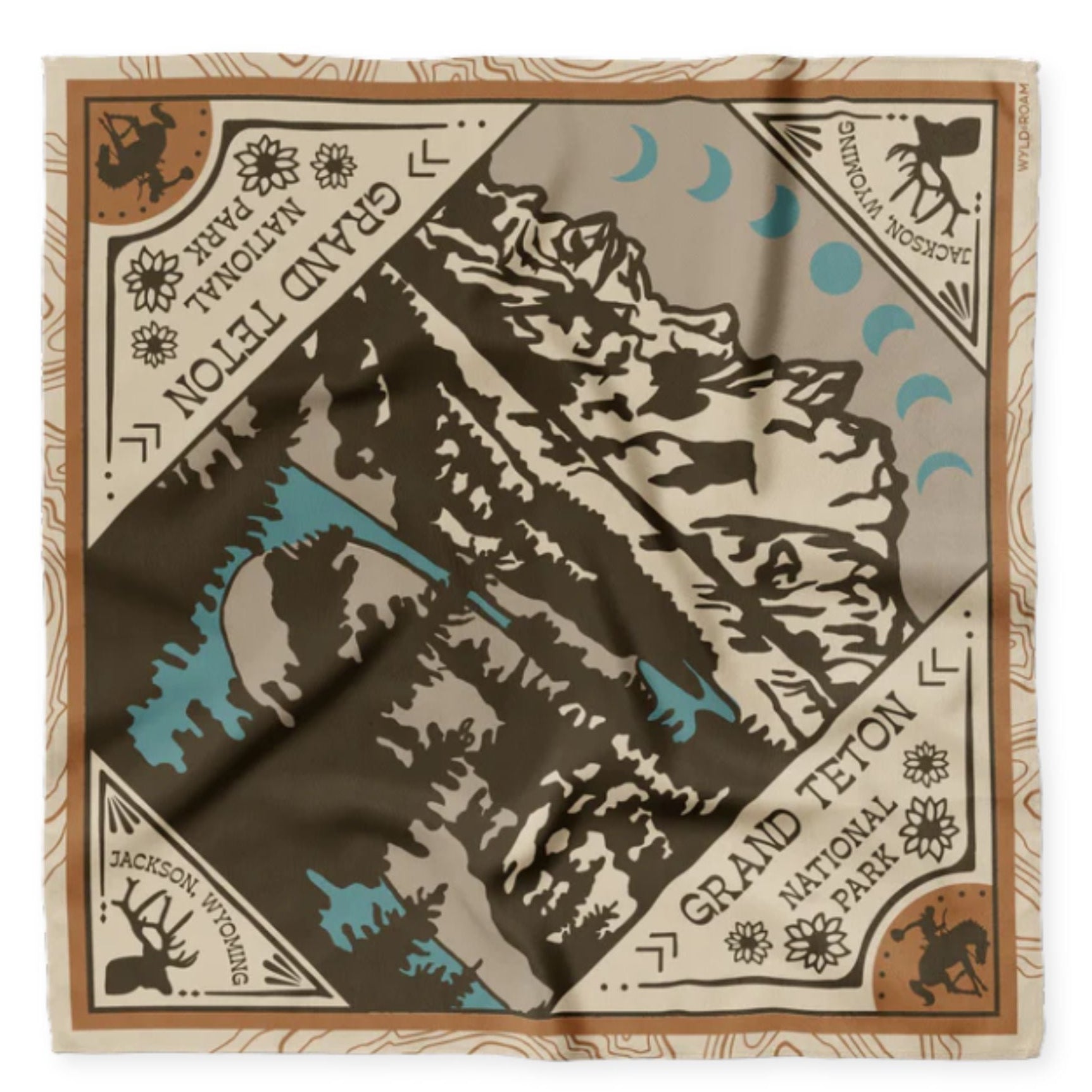 Grand Teton National Park-themed bandana with mountain design and decorative border.