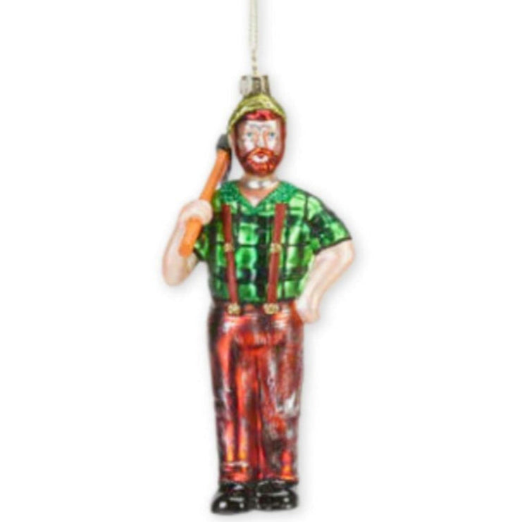 Glass Lumberjack ornament, wearing a green shirt, and carrying an axe.