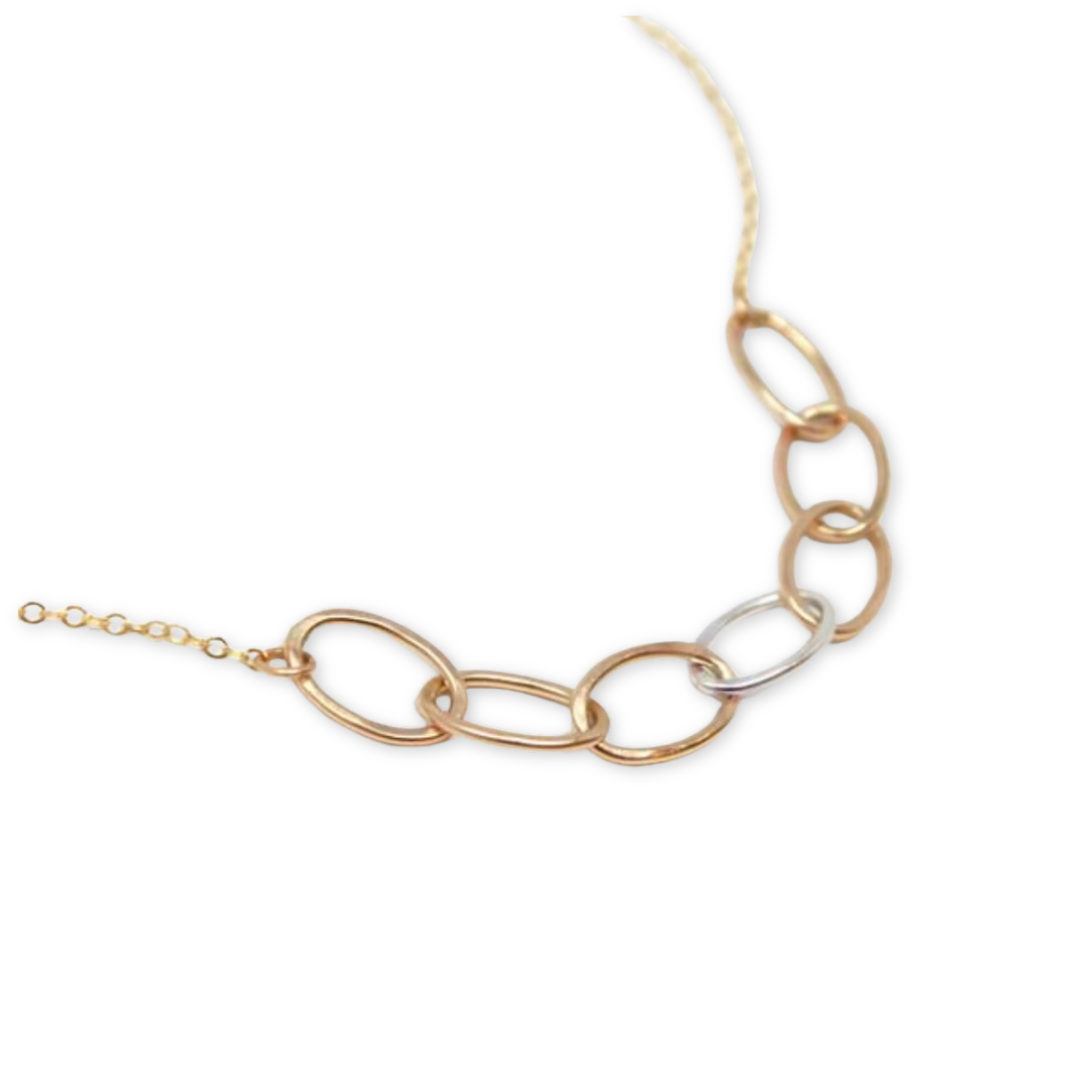 necklace with seven hand forged interlocked ovals connected to a delicate chain 